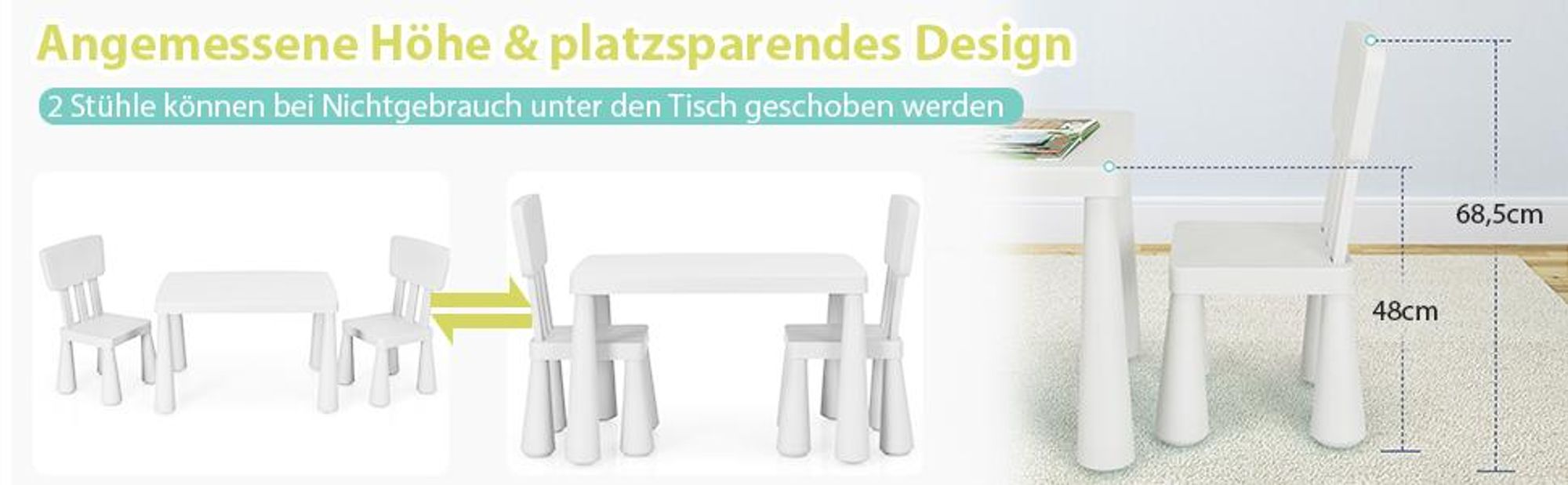 COSTWAY 3 tlg. Kindersitzgruppe, Kindertischgruppe, Kindertisch mit 2 Stühlen, Kindermöbel aus Kunststoff, Kinder-Tischset für Kinderzimmer Weiß