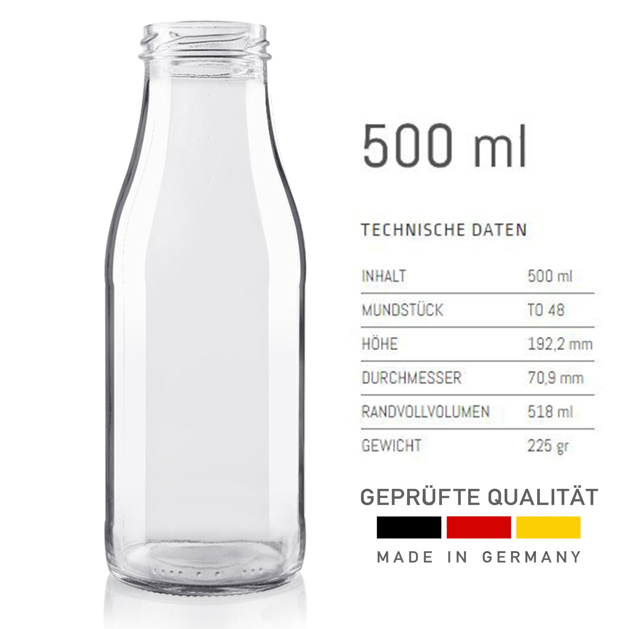 Milchflaschen 0,5L Smoothie Saft Flaschen 500ml leere Glasflaschen Deckel BPA frei, 12 Milchflaschen mit 24 Deckeln
