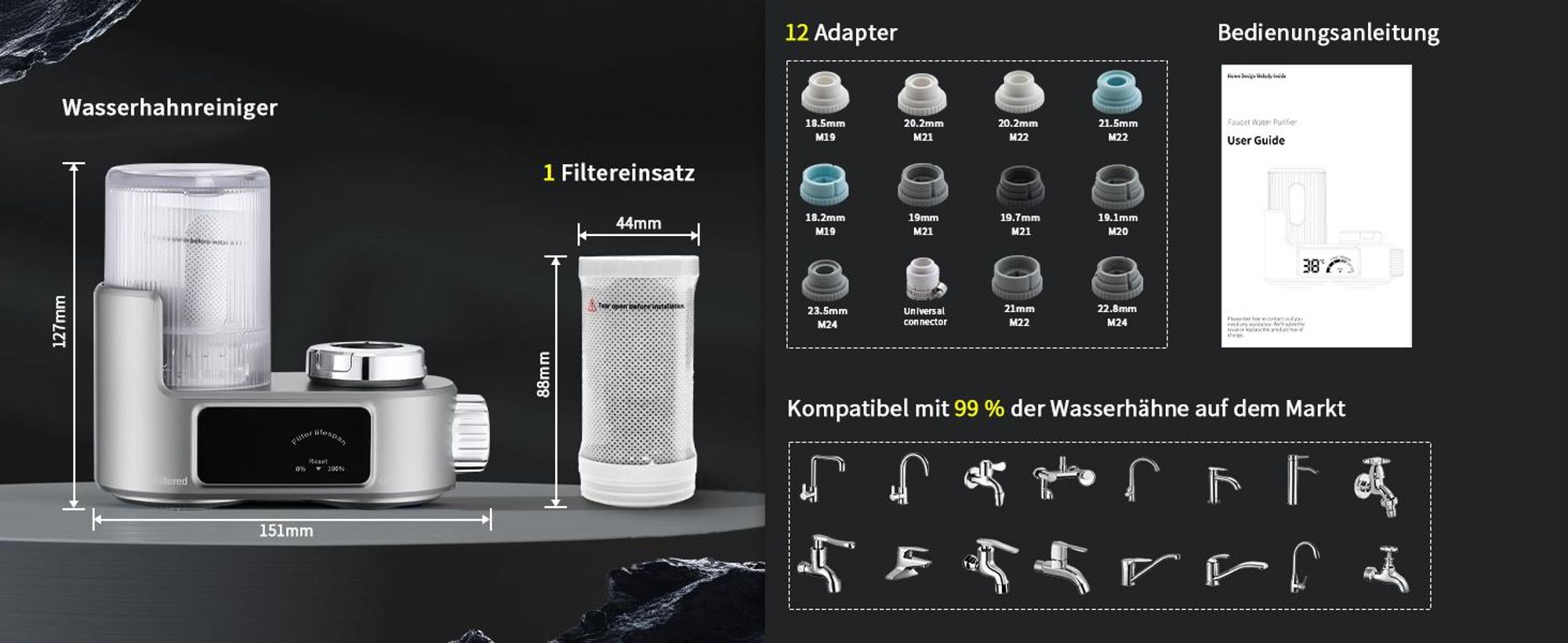 Homelody Wasserfilter für Wasserhahn mit Sterilisation, Wasserfilter für Zuhause Küche, entfernt Chlor, Schwermetalle,für Wasserhähne, Grau