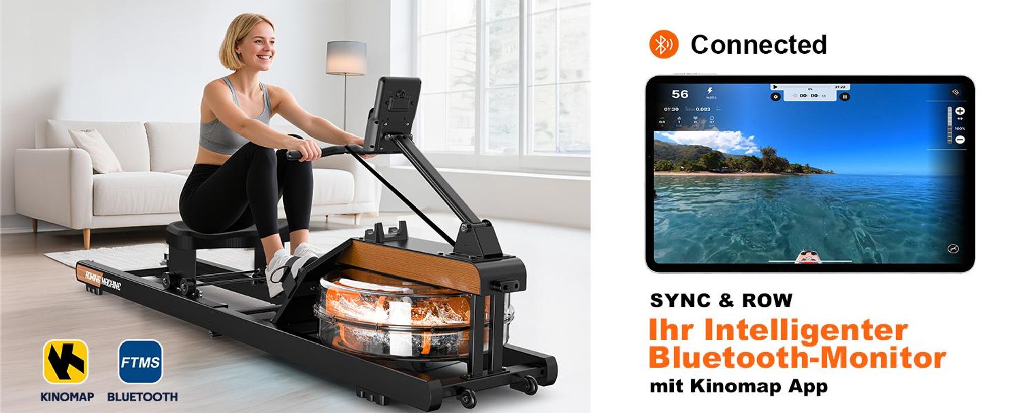 VOWVIT Heim-Rudermaschine klappbar, Bluetooth, verstellbare Tablet-Halterung, 98% vormontiert, Schwarz