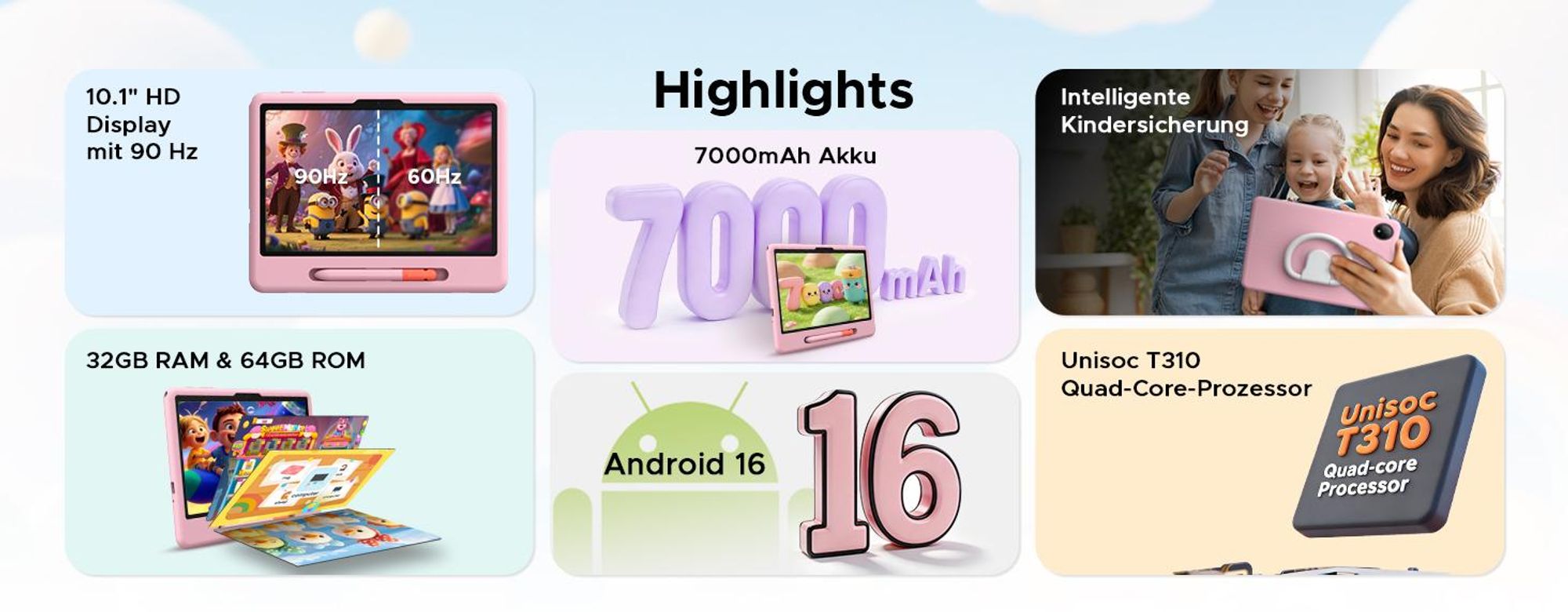 POCKAM P10 Kids 10.1" Tablet, Gemini AI, Android 16, 32(6+26)GB RAM+64GB ROM/TF 2TB, 7000mAh, WiFi Tablet für Kind mit Kindgerechte Hülle und Stift