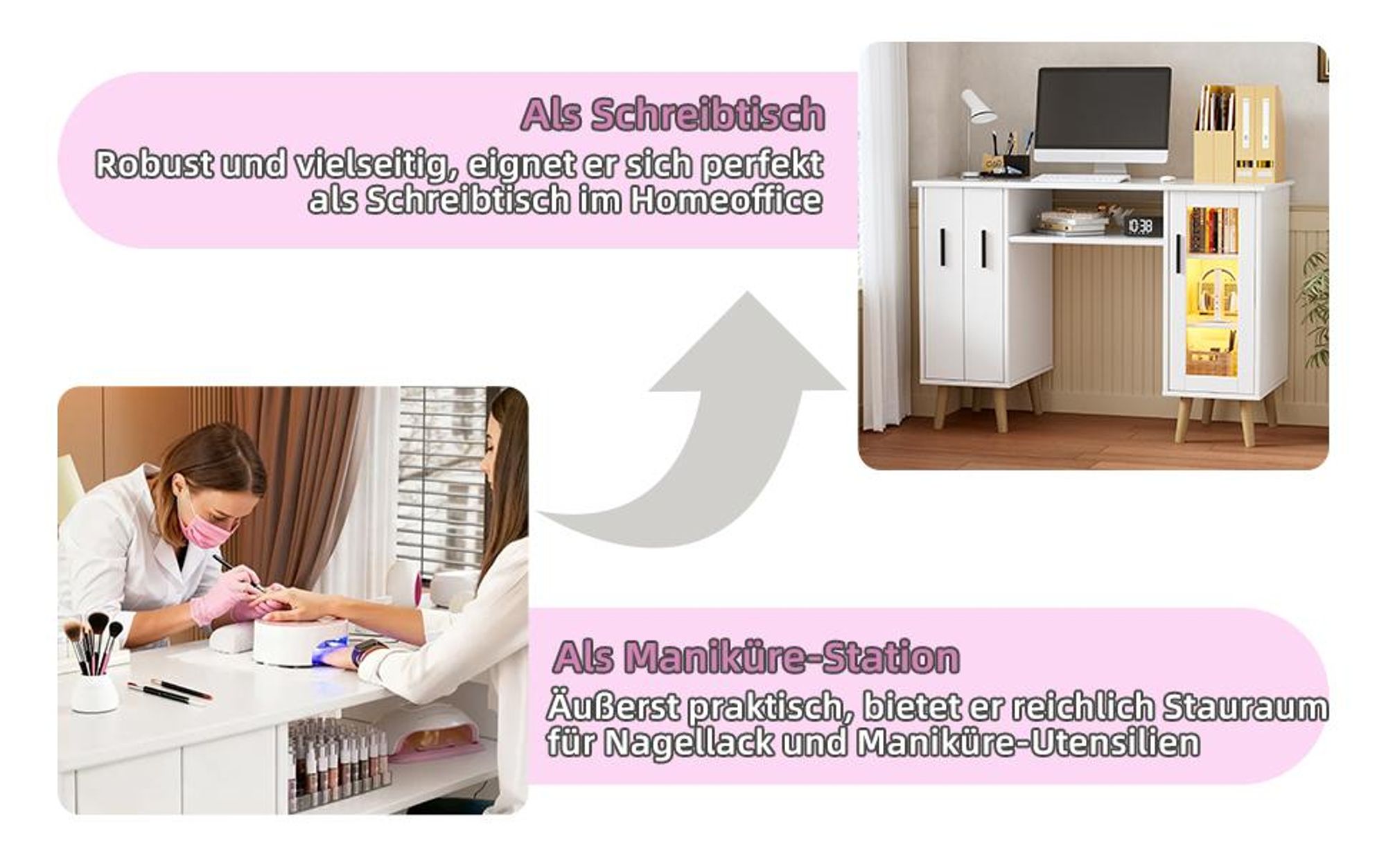 TWSOUL Arbeitstisch Nageltisch mit LED-Beleuchtung – Maniküretisch aus Holz mit 2 Auszugsschränken, 3-stufigem Regalschrank
