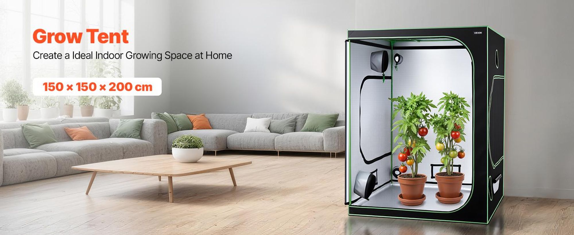 VEVOR Indoor-Grow-Zelt, 60 x 60 x 180 cm, 600D hochreflektierendes Mylar, Indoor-Pflanzenzelt mit Beobachtungsfenster, Bodenwanne & Reißverschluss, strapazierfähige Anbauzelte für Obst, Blumen und Gemüse, 150x150x200 cm