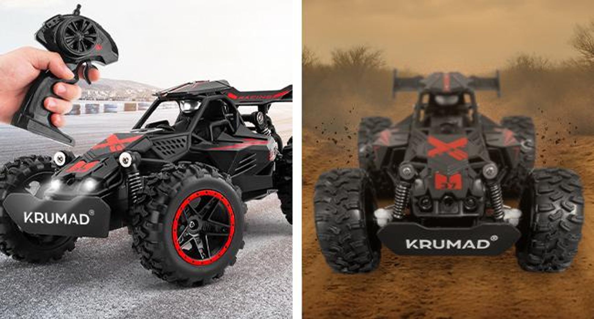 KRUMAD Ferngesteuertes Auto 3.7V – RC Offroad Auto für Kinder ab 3 Jahren mit 2 Akkus, LED-Licht, 2,4GHz Fernsteuerung & USB-Ladekabel