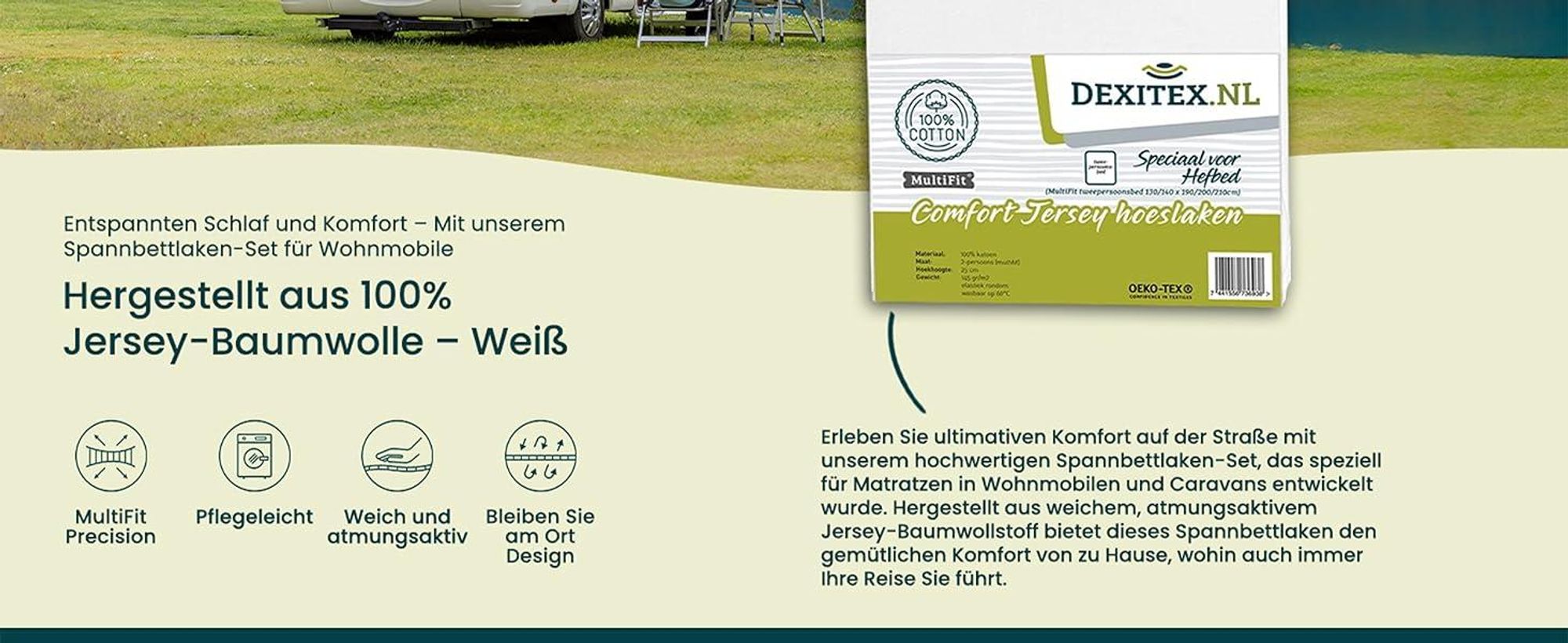 Dexitex Jersey Spannbettlaken Hebebett Wohnmobil & Wohnwagen – 130–160 x 190–210 cm – MultiFit® 100% Baumwolle Weiß