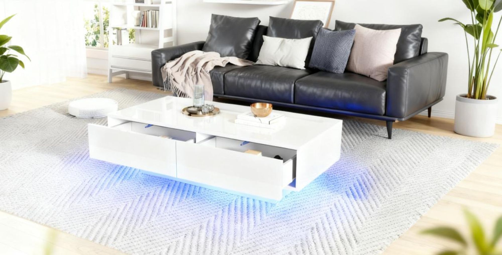 okwish Couchtisch Wohnzimmertish Beistelltisch mit 2 Schubladen,Eleganter Wohnzimmertisch,Kaffeetisch mit LED-Beleuchtung,Weiß