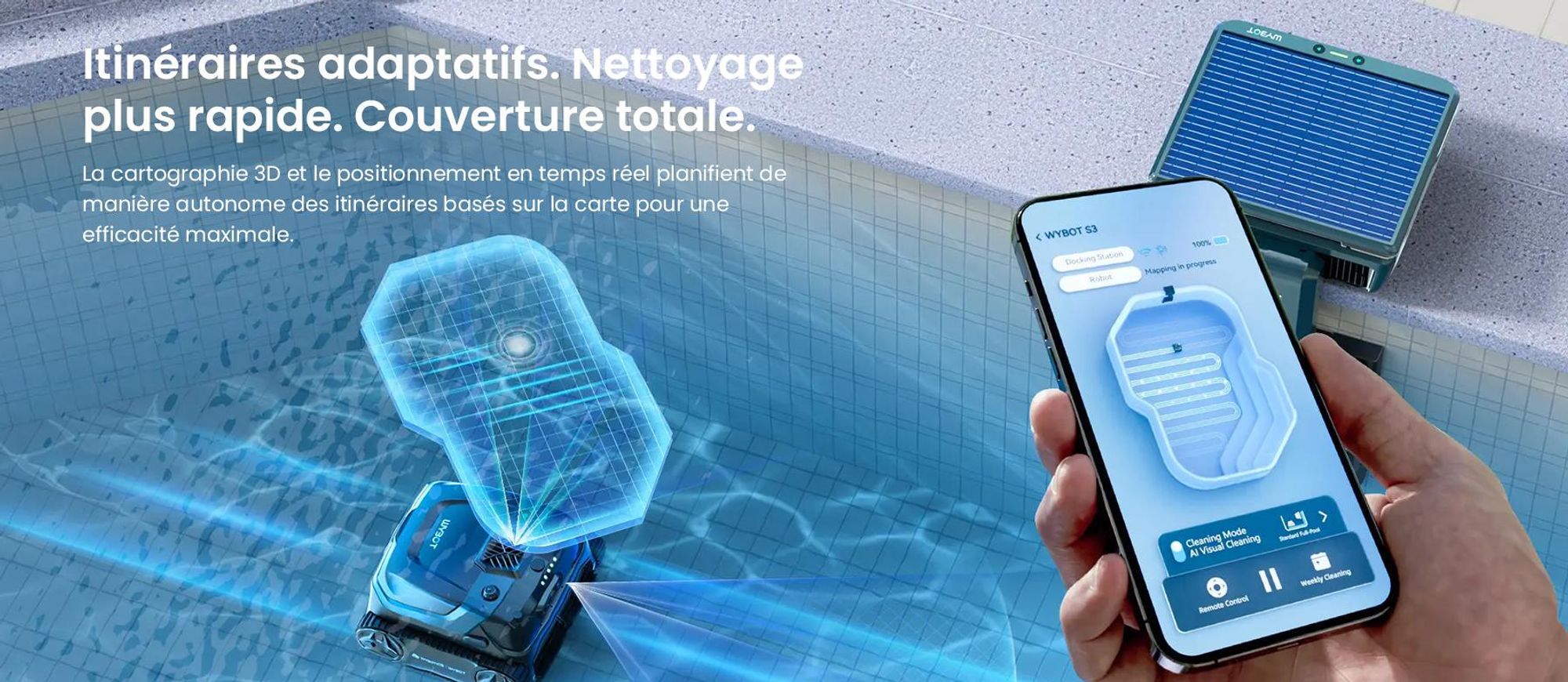 Robot de piscine WYBOT S3 : cartographie 3D, vision par IA, alimentation solaire/CC, réservoir de 10 litres à vidange automatique,via application