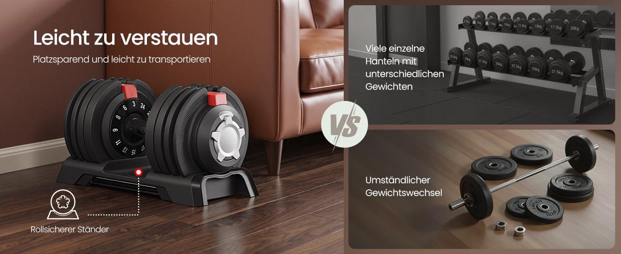 SONGMICS Kurzhanteln 2er set, verstellbar, 12-in-1, 3 kg bis 24 kg, mit Ständer, schwarz-rot