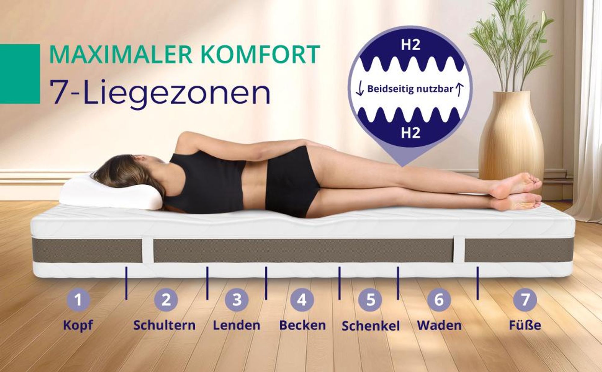 Taschenfederkernmatratze 140 x 200 cm H2 - Höhe 24 cm -  Ergonomische 7-Zonen Matratze -   Federkernmatratze für jede Schlafposition