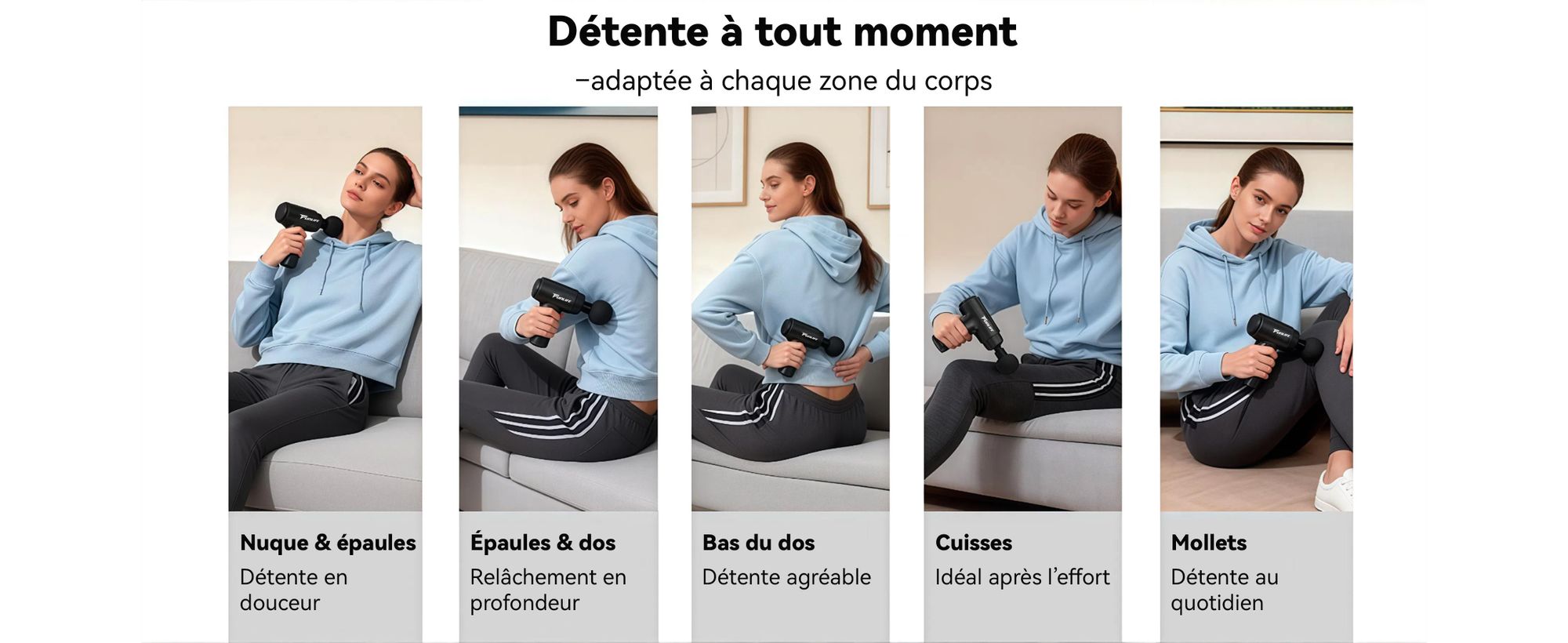 Pistolet de massage et de relâchement myofascial FunLife M2 Mini, profondeur de massage de 12 mm, 6 niveaux de puissance, 4 têtes de massage, port USB-C, fonctionnement silencieux (<45 dB), poids de seulement 0,5 kg