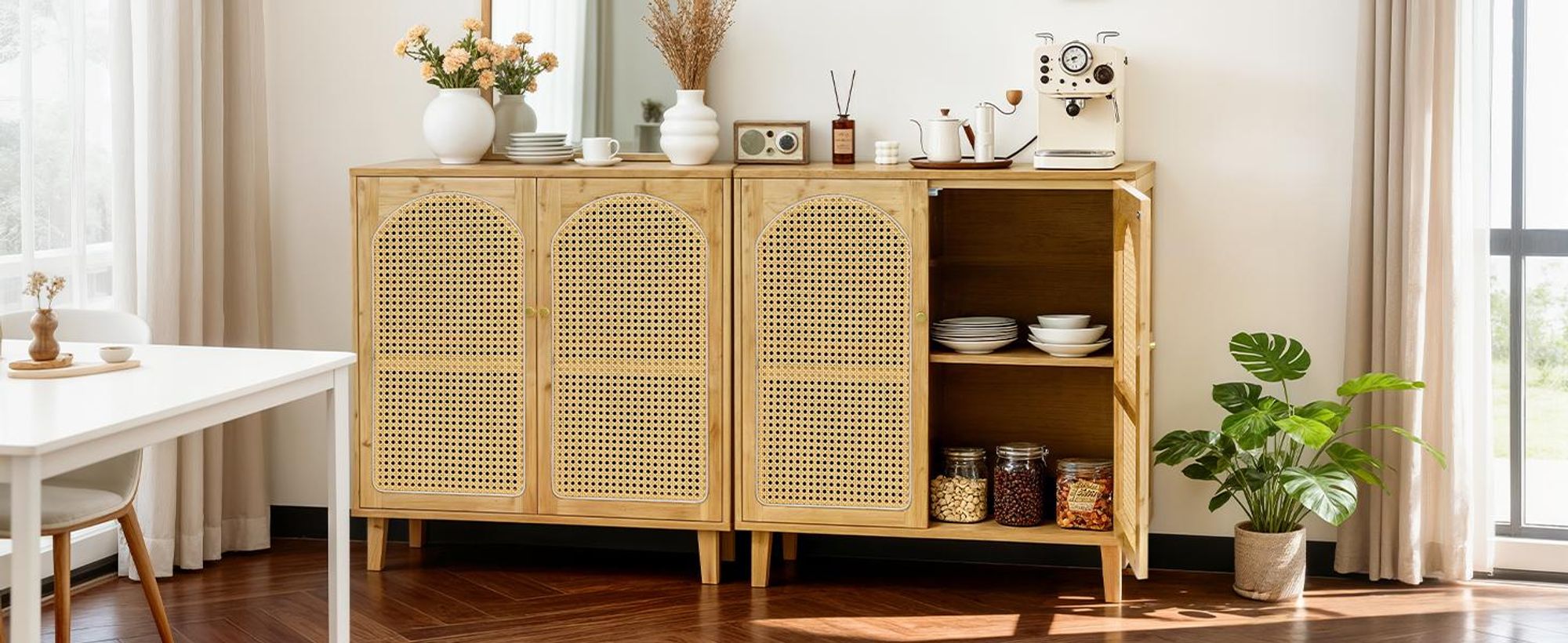 WISFOR Sideboard Küchenschrank, mit verstellbaren Ablagen und 2 Türen, Wohnzimmerschränke Bambus, 75 x 39 x 82 cm