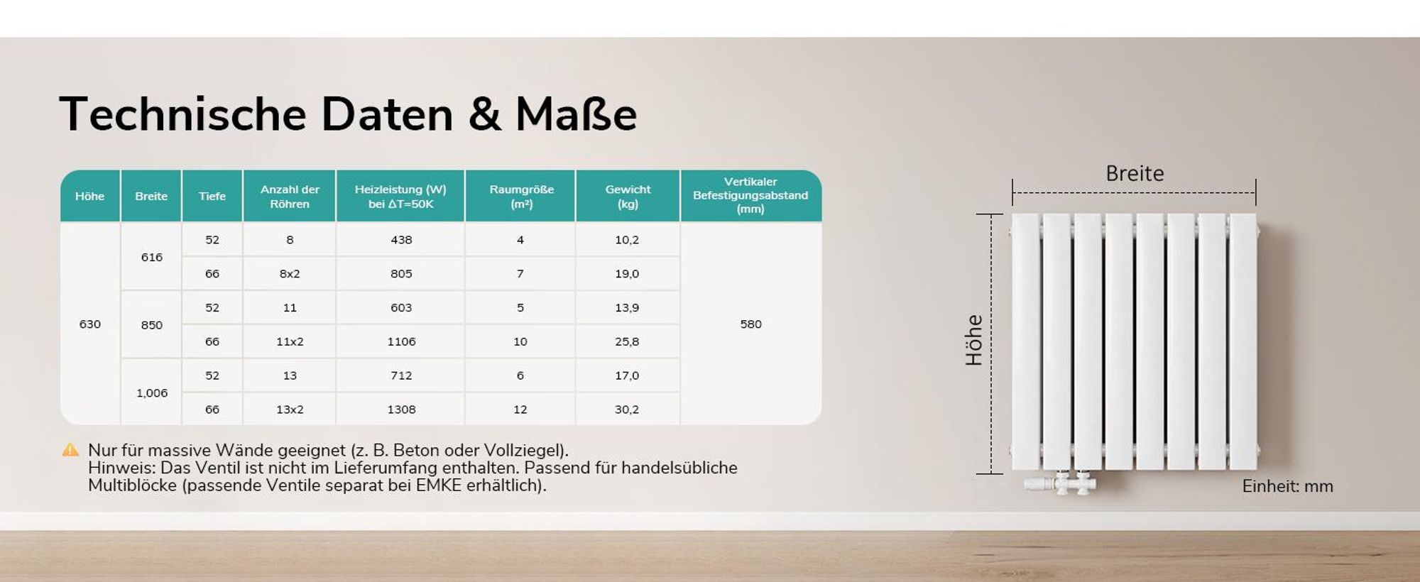 EMKE Heizkörper Flach 63 x 61,6 cm Doppellagig 805 W Weiß Design Paneelheizkörper
