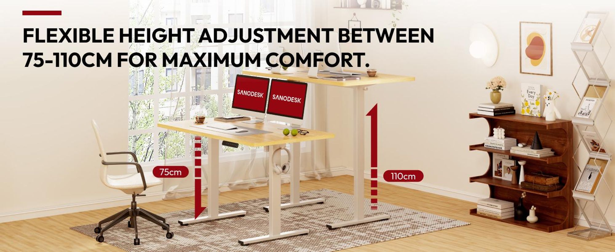 SANODESK Höhenverstellbarer Schreibtisch Elektrisch 120x60cm Einteilige Tischplatte, 4 Speicherplätzen, 60 kg Tragkraft, Anti-Kollisionsschutz (Ahorn)