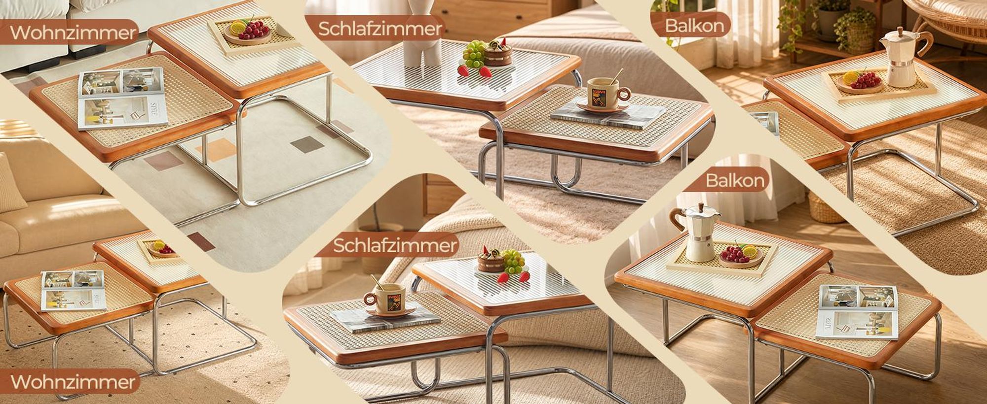 2er Set Couchtisch Beistelltisch 56 x 41 cm & 50 x 34 cm Wohnzimmertisch Sofatisch Kaffeetisch Metallrahme Karamellbraun
