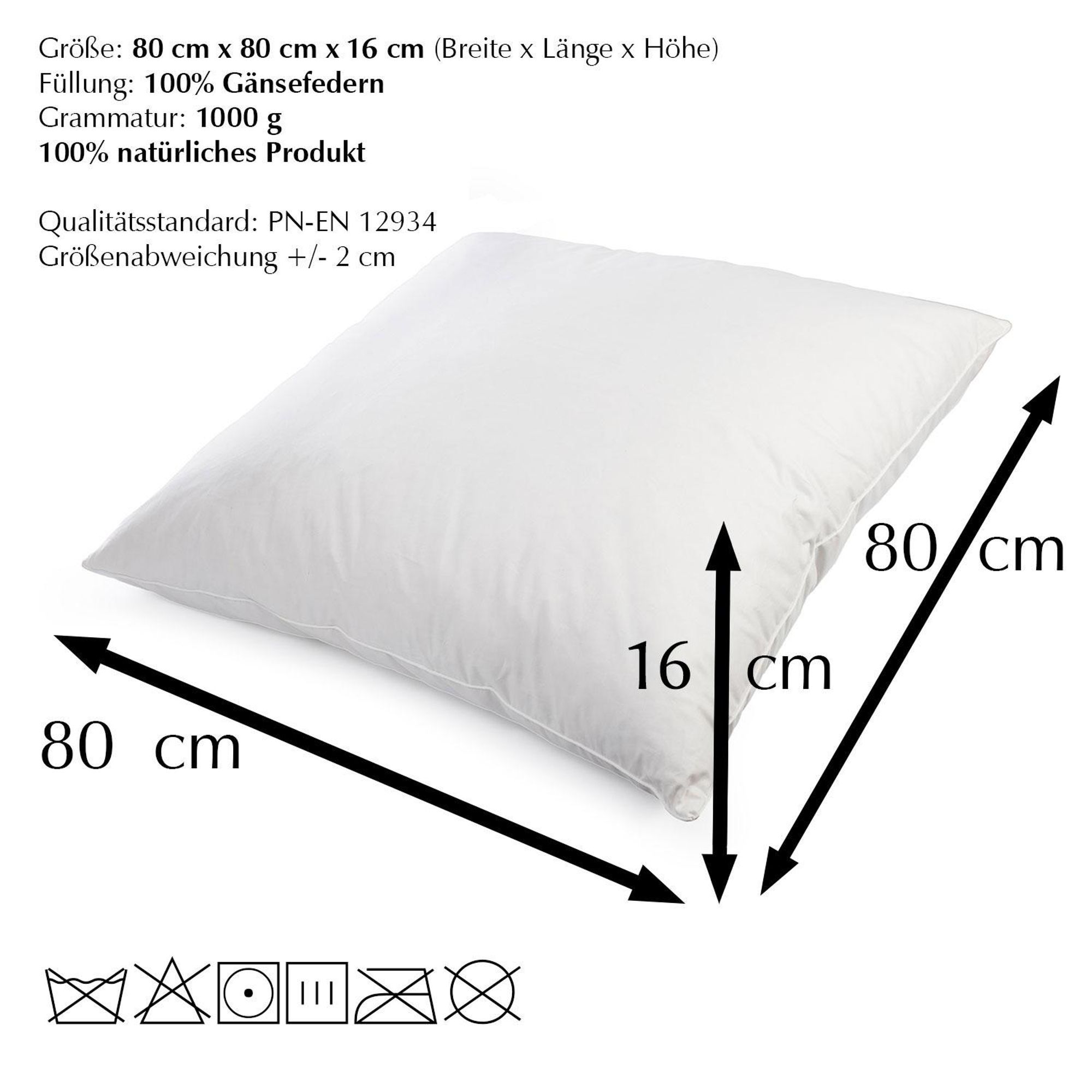 Federkissen 80x80 cm 1000 Gramm – Kopfkissen mit 100% Gänsefedern – Baumwollbezug 185 g/m² – Ganzjahreskissen