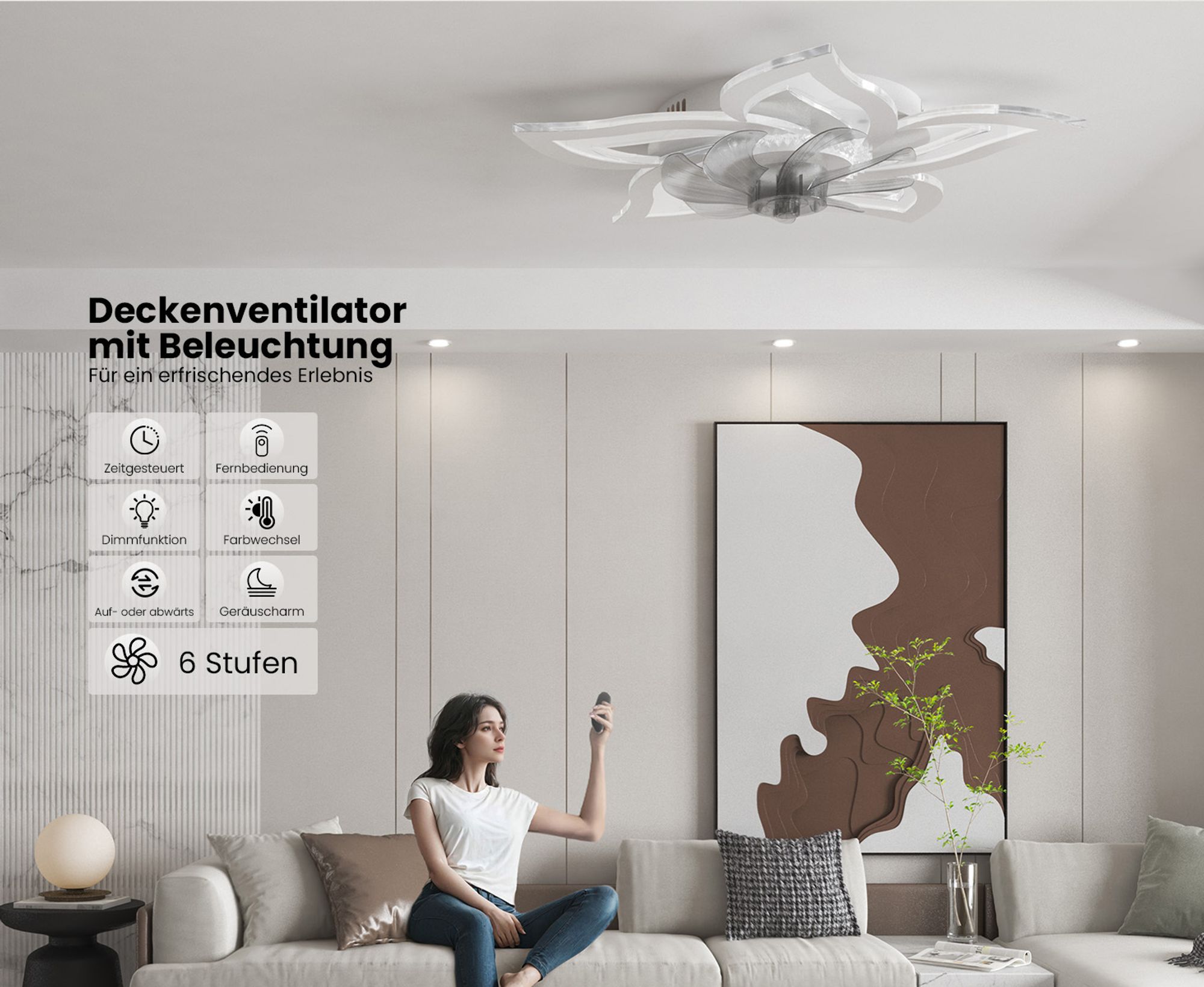 Heilmetz Deckenventilator mit Beleuchtung, Ø 69 cm, 3 Lichtfarben Dimmbar, 6 Geschwindigkeiten, Leiser LED Lüfter mit Fernbedienung, Weiß