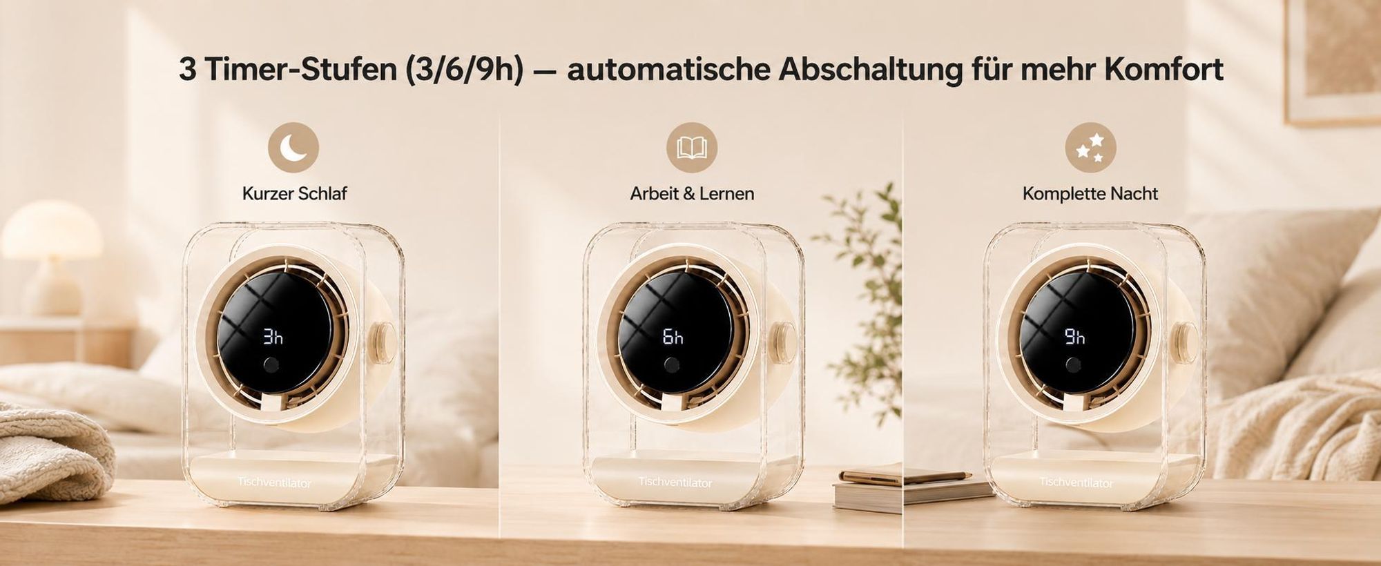 Tischventilator, USB Ventilator, 720° einstellbar, 3 Timer-Stufen (3/6/9h), 100 Geschwindigkeiten, Ventilatoren leise, LED display, Überall einsetzbar