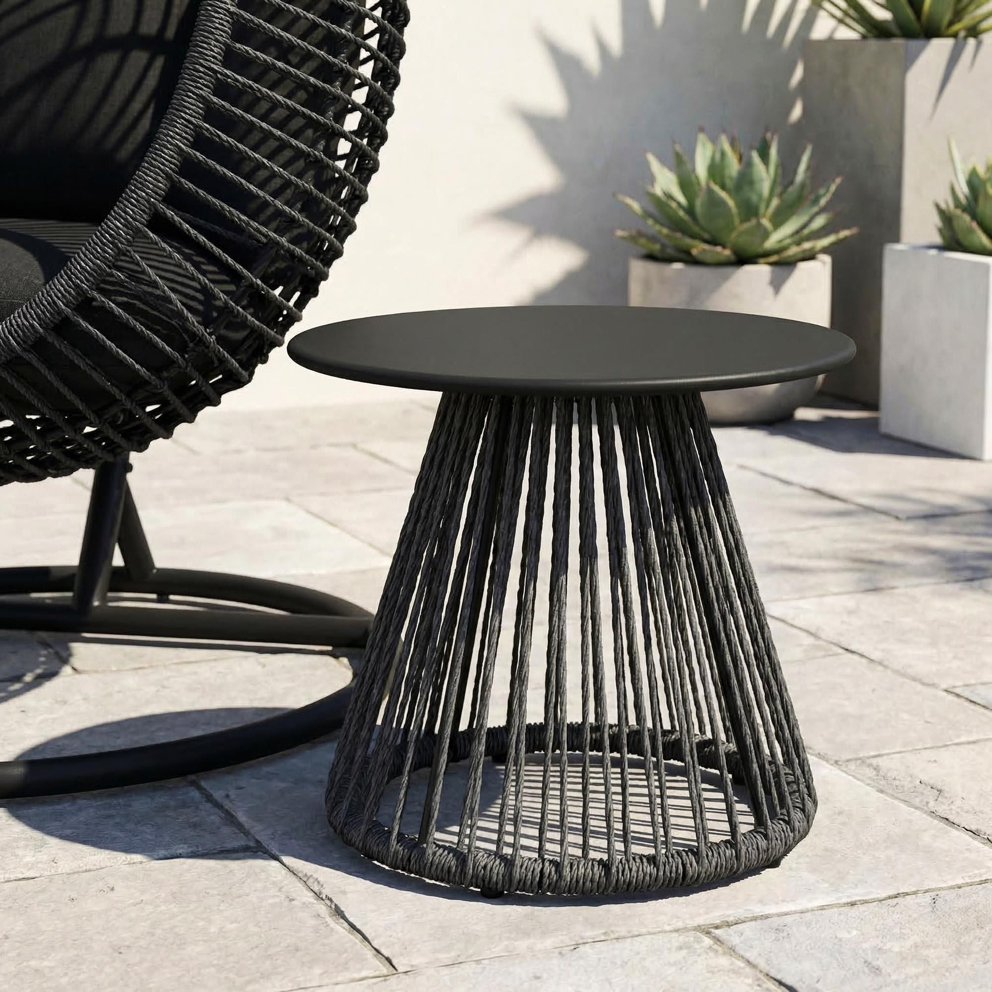 di volio Beistelltisch CAPRIO - runder Outdoor Tisch aus Rattan für Balkon & Terrasse, wetterfest - schwarz