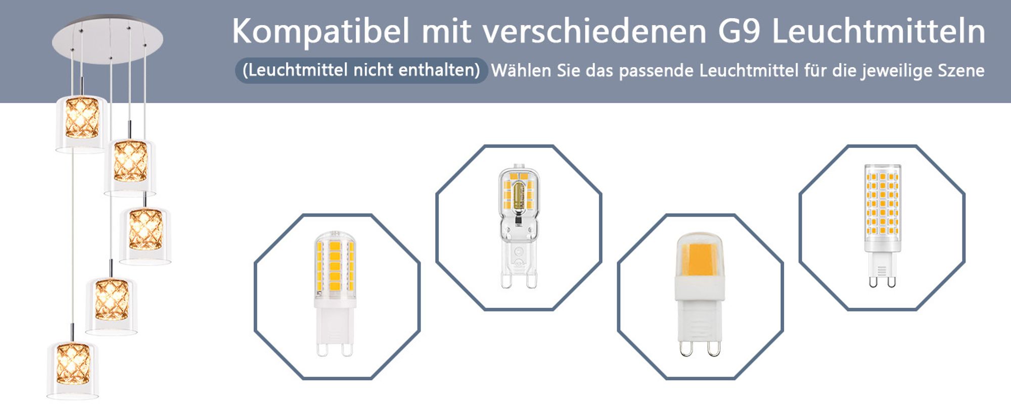 ZMH  Pendellampe Esstisch 5 Flammig Pendelleuchte Glas Kristall Hängeleuchte 150CM Höheverstellbar G9  Modern Esszimmerlampe für Treppenhaus Wohzimmer
