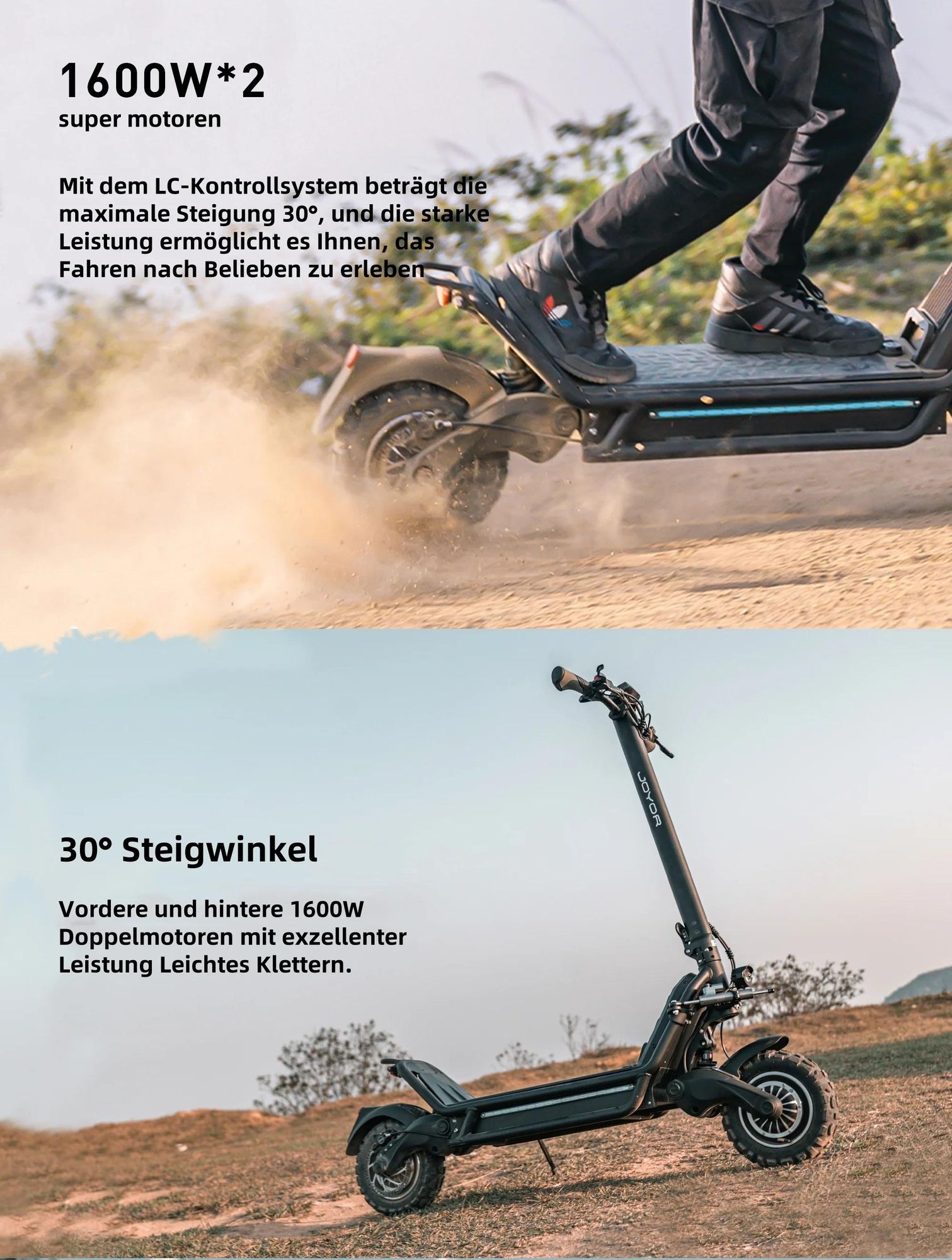 Elektroroller JOYOR E6-S - 1600W*2 Motors 60V31.5AH Batterie 85KM Reichweite Scheibenbremsen - Schwarz
