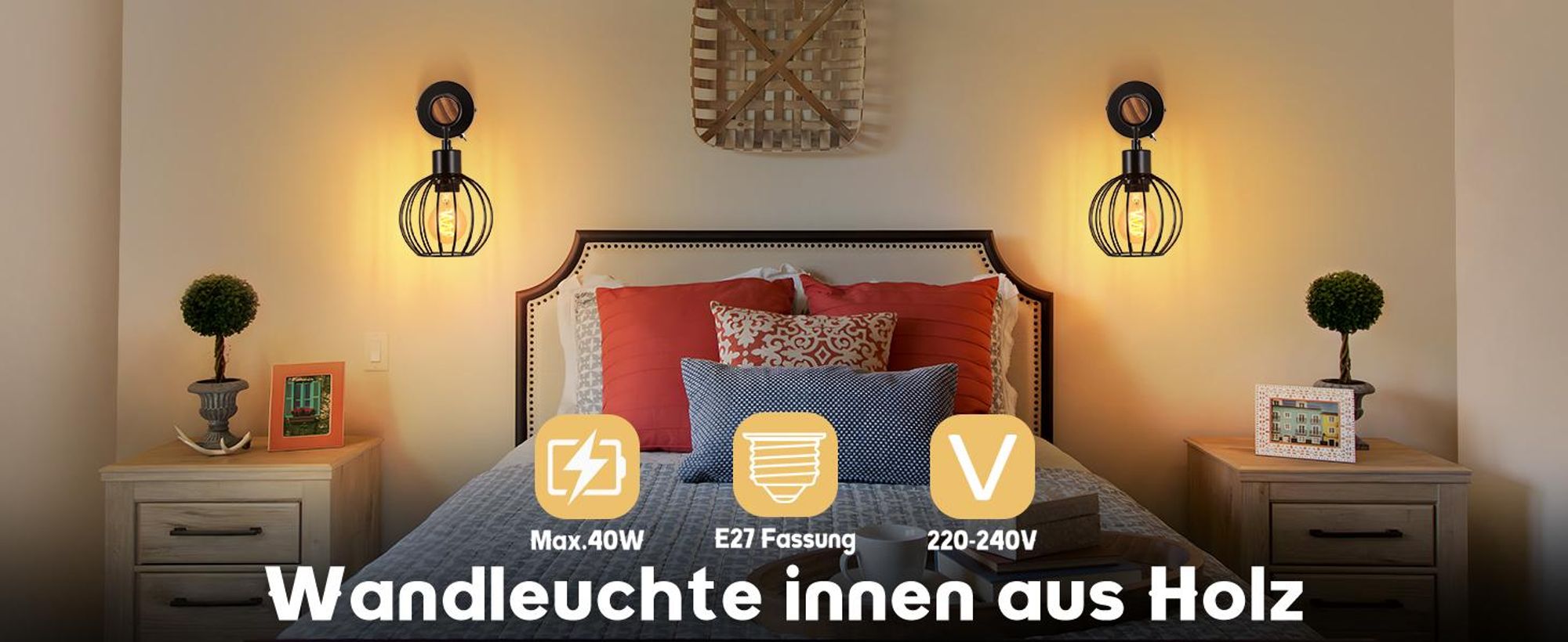 ZMH Wandleuchte Schwarz Vintage Wandlampe Holz mit Schalter Wandbeleuchtung im industrial E27 Wandstrahler Metall Retro Bettlampe Ohne Leuchtmittel