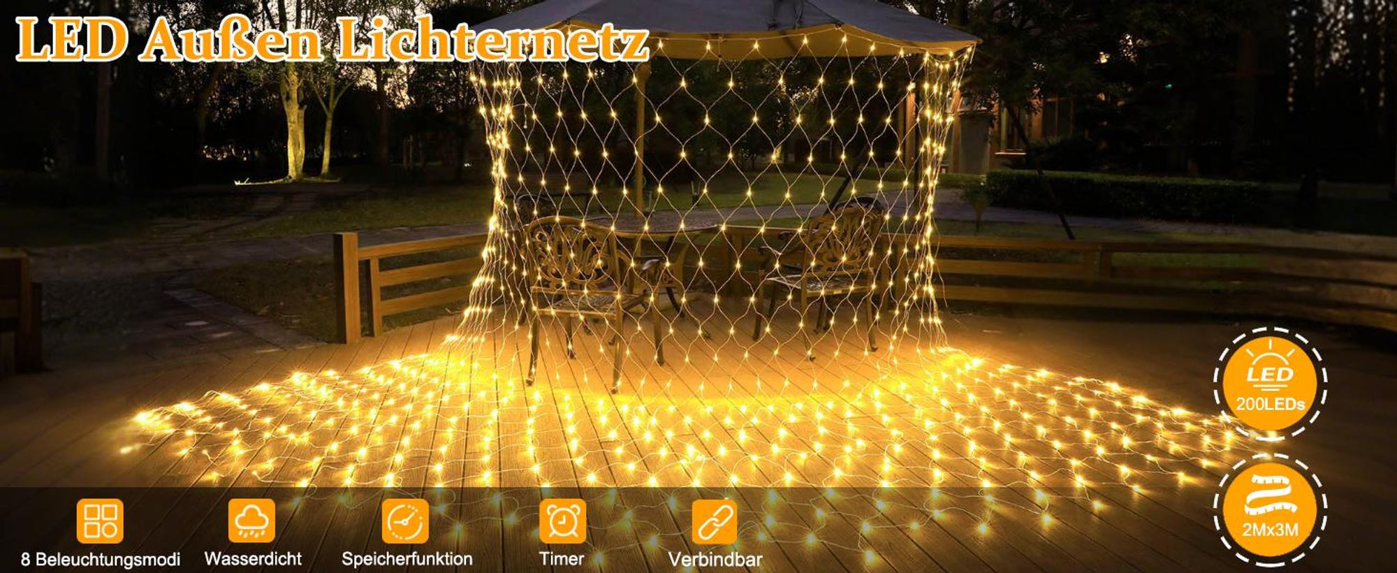 2x3M LED Lichternetz 8 Lichtmodi Wasserdicht Lichterkette mit Timer und Memory Funktion für Weihnachten Garten Hochzeit Deko