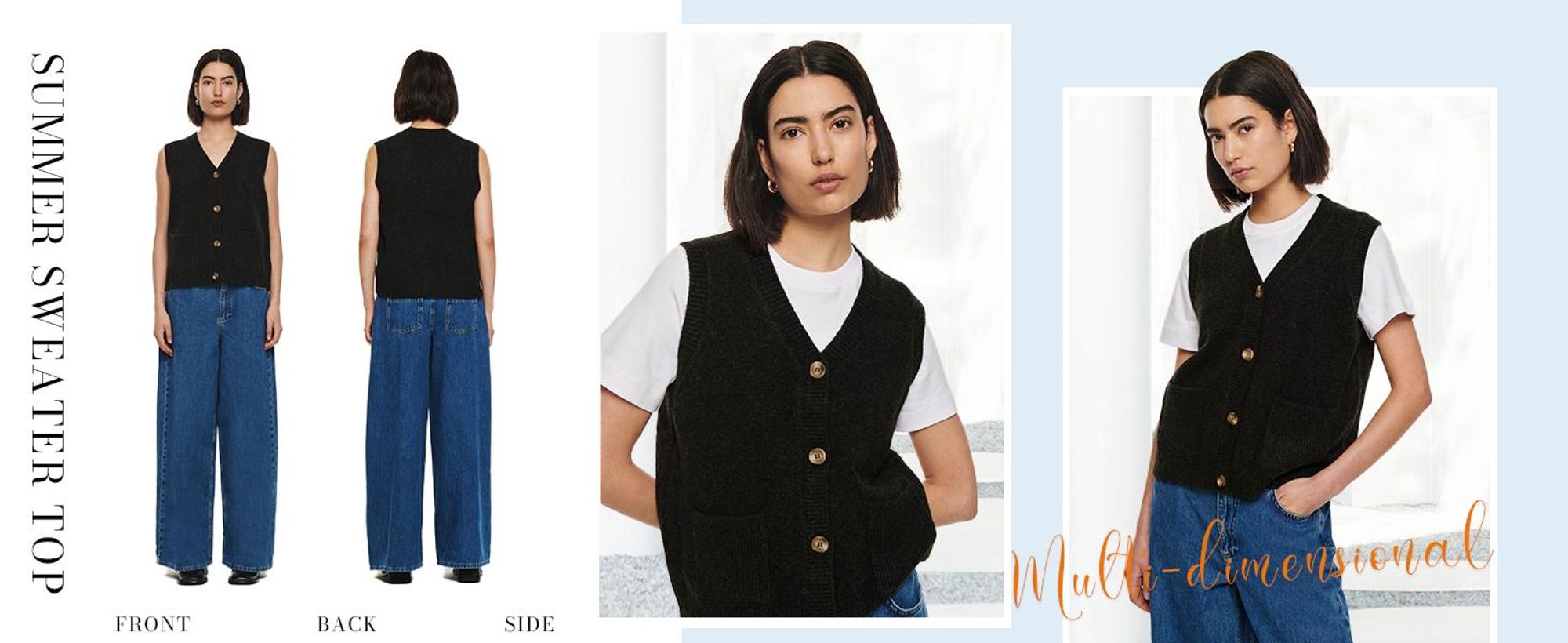 Ärmellose Damenstrickjacke mit V-Ausschnitt, Knopfleiste und Taschen