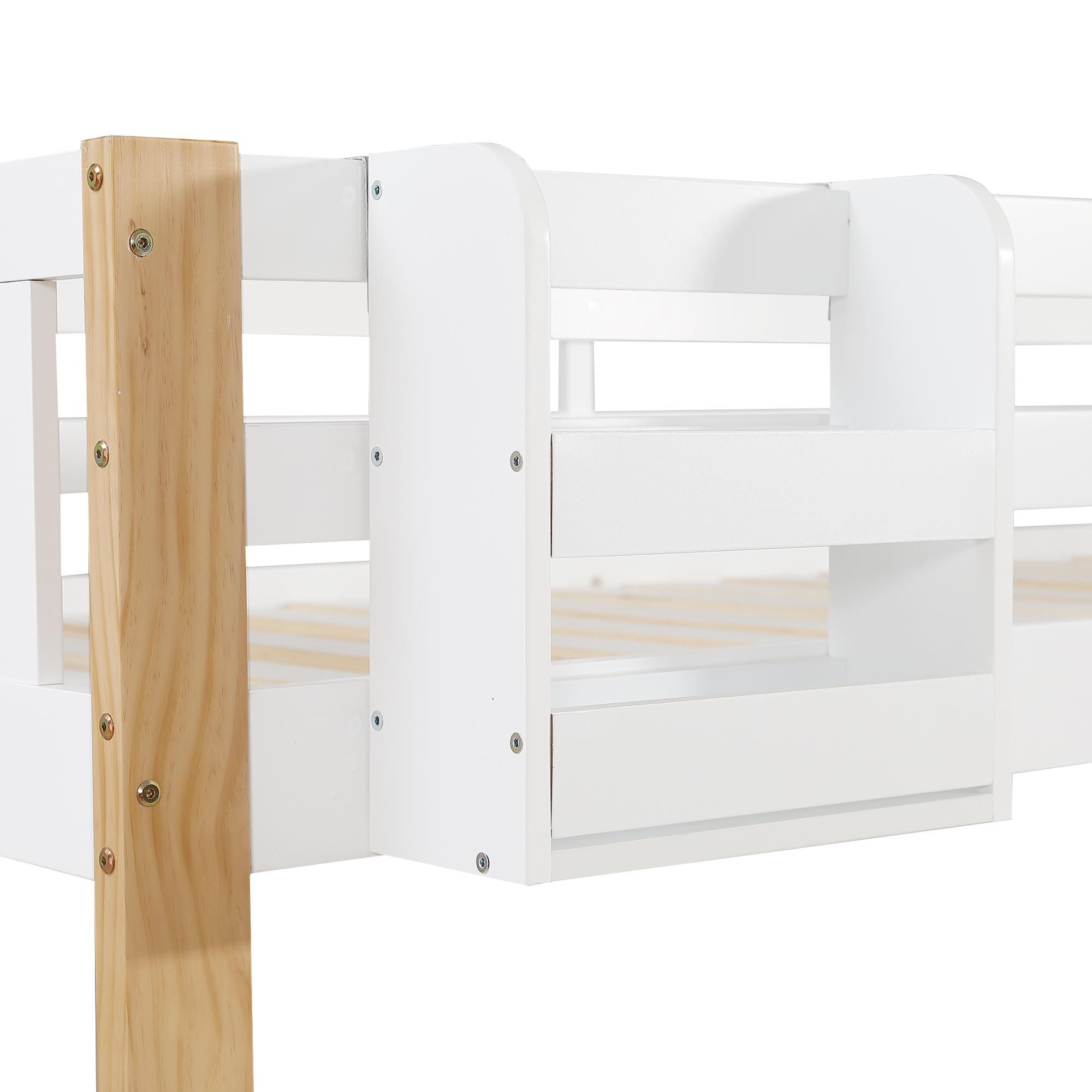 Flieks Etagenbett 90x200/120x200cm mit Ausziehbett, Hochbett mit Treppe und Schubladen, Kinderbett mit Rausfallschutz und Lattenrost, Stockbett Weiß