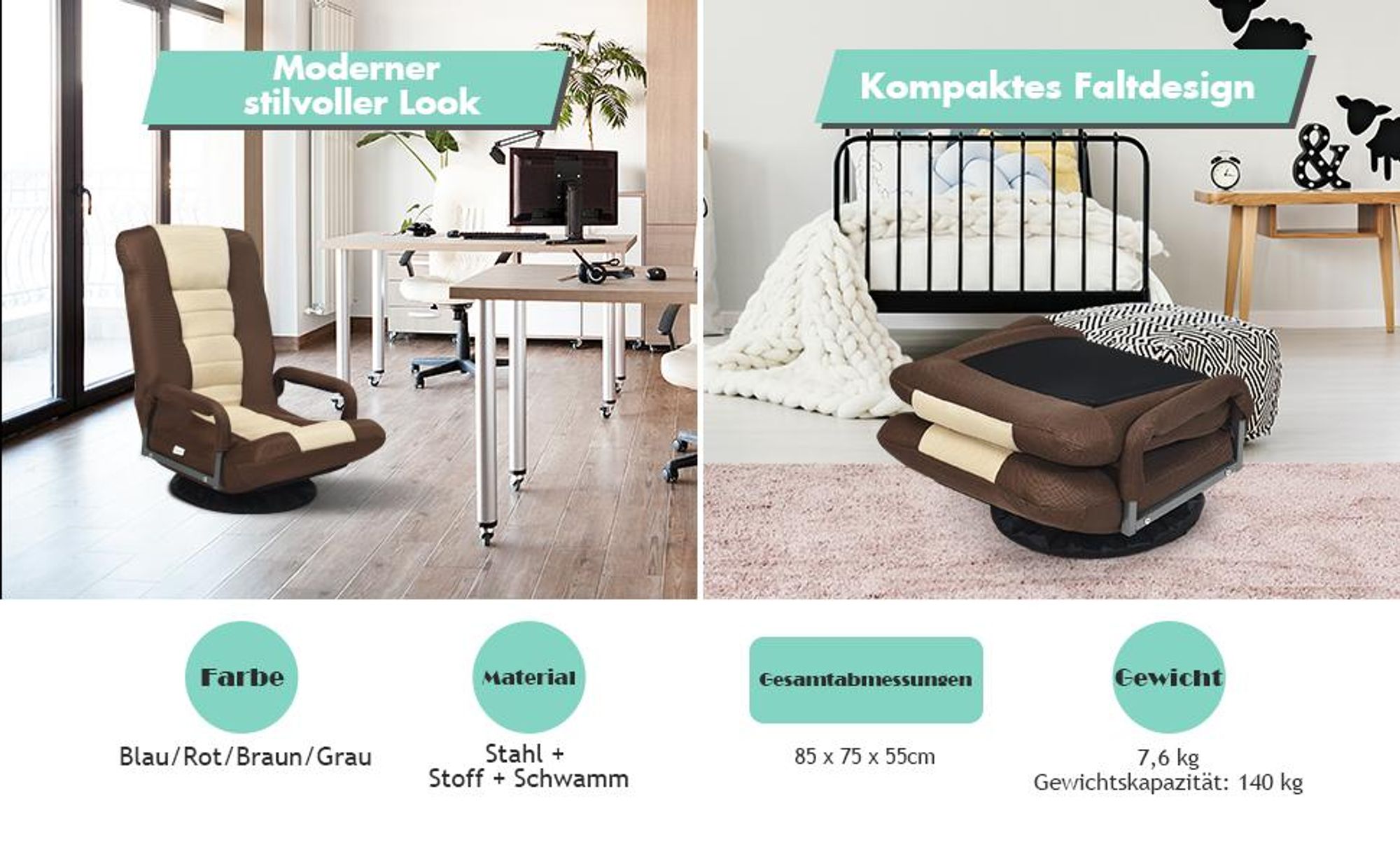COSTWAY Bodenstuhl 360° drehbar, Bodensessel mit 6-Fach Verstellbarer Rückenlehne, Game Sessel gepolstert, Bodensofa Meditationsstuhl bis 140kg belastbar, Lazy Sofa (Beige)