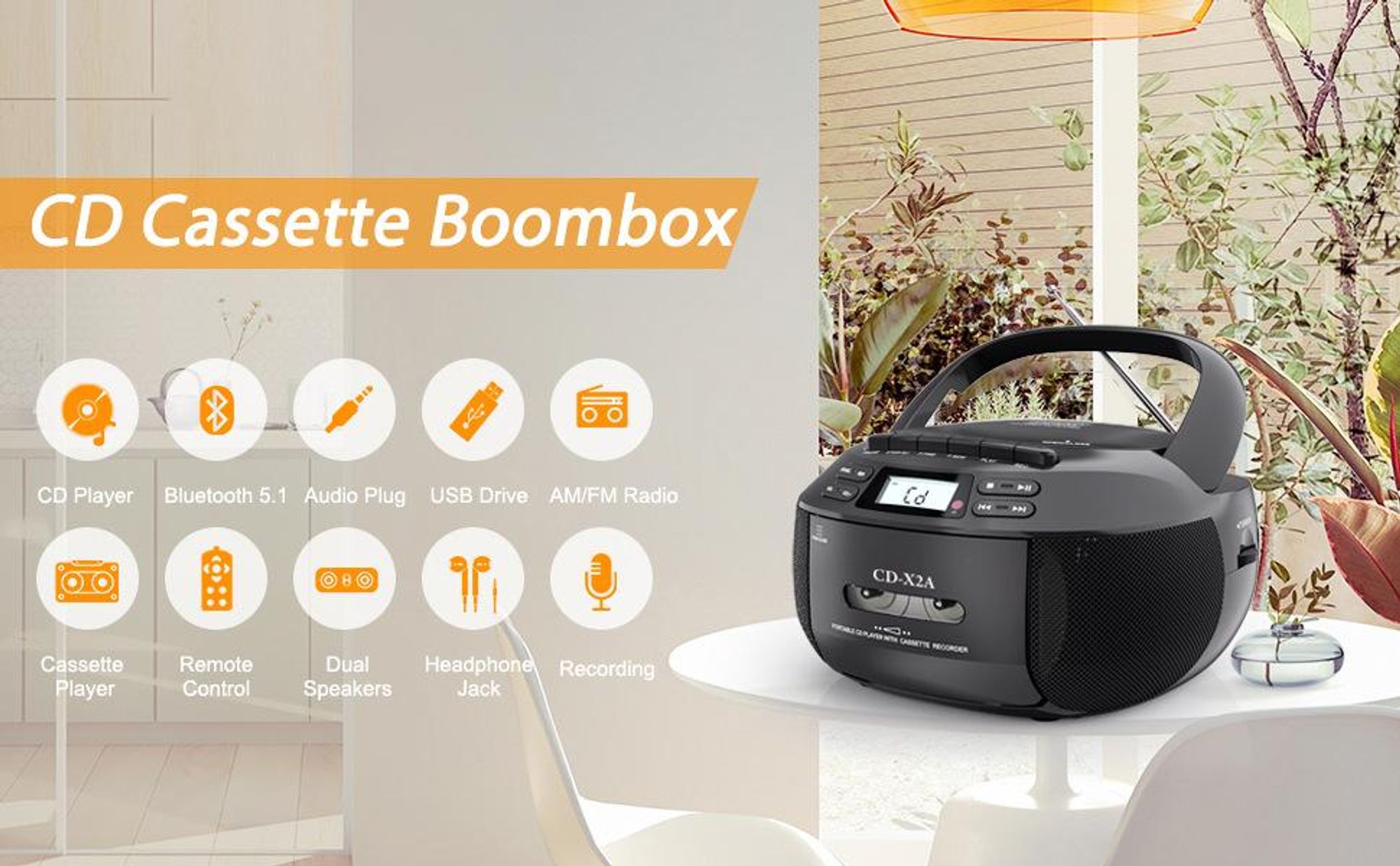 ZELURXX Tragbarer CD-Kassettenrekorder Boombox mit Bluetooth 5,1, USB/AUX, AM/FM Radio, Aufnahmefunktion, Fernbedienung, Schwarz
