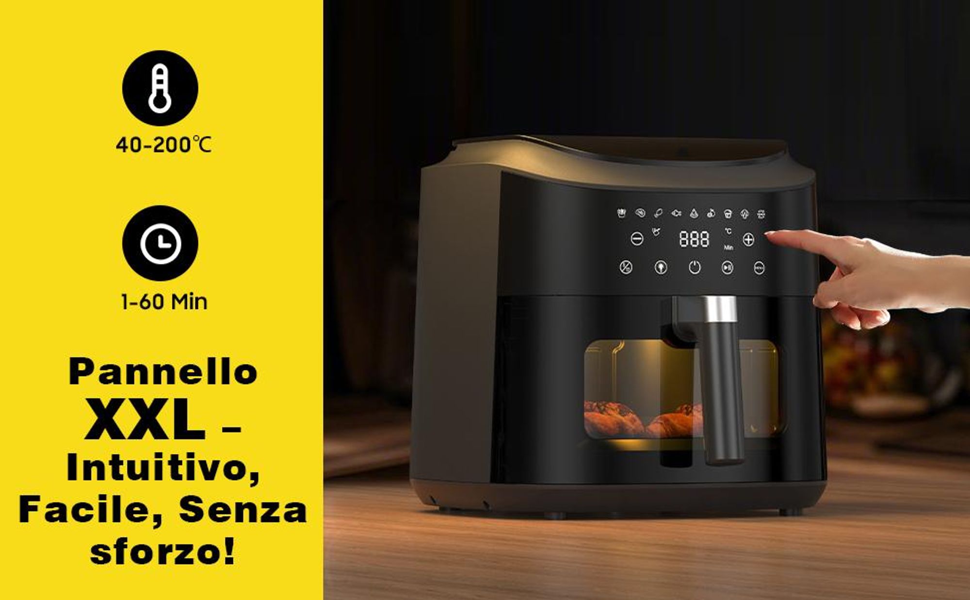 Friggitrice ad aria visibile 9L 2350W, schermo touch, circolazione aria 360°, 9 programmi automatici, display LED, grigliatura e cottura