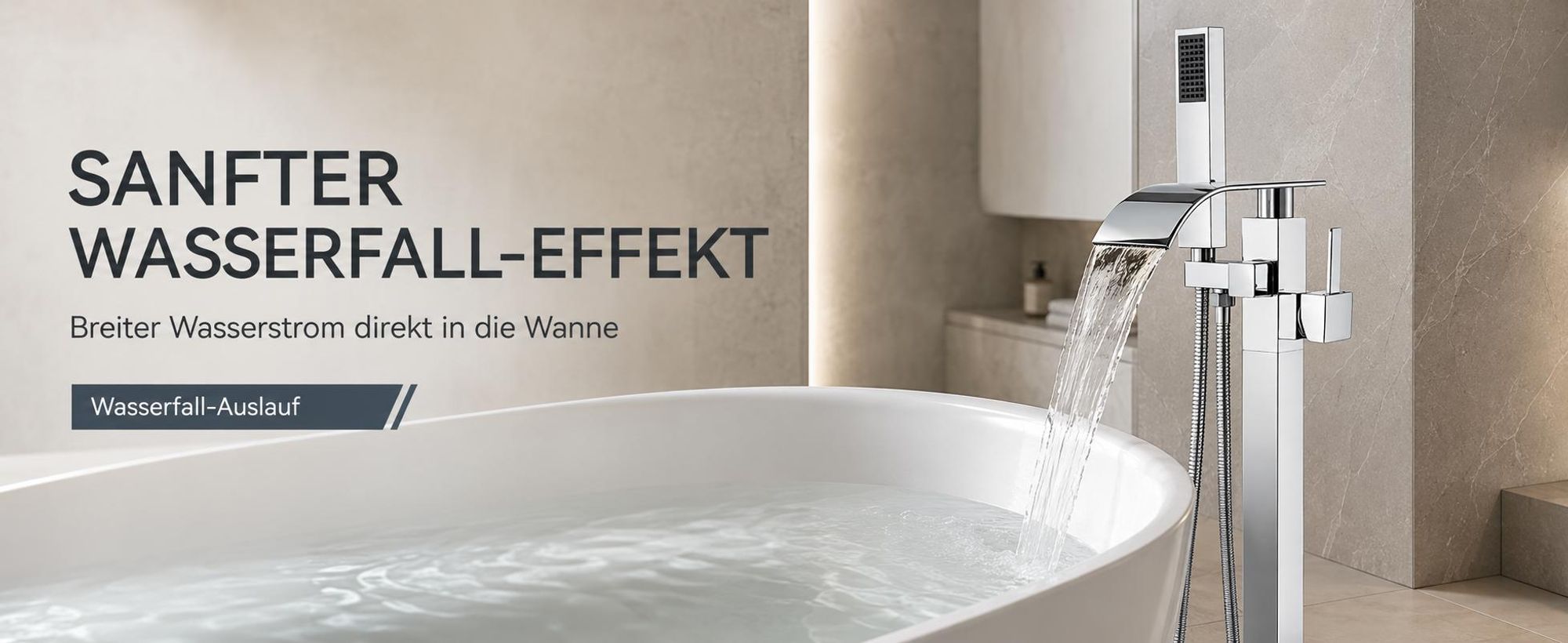 Badewannenarmatur Ari, freistehend mit Handbrause, 360 Grad schwenkbarer Auslauf, Keramikkartusche, Chrom