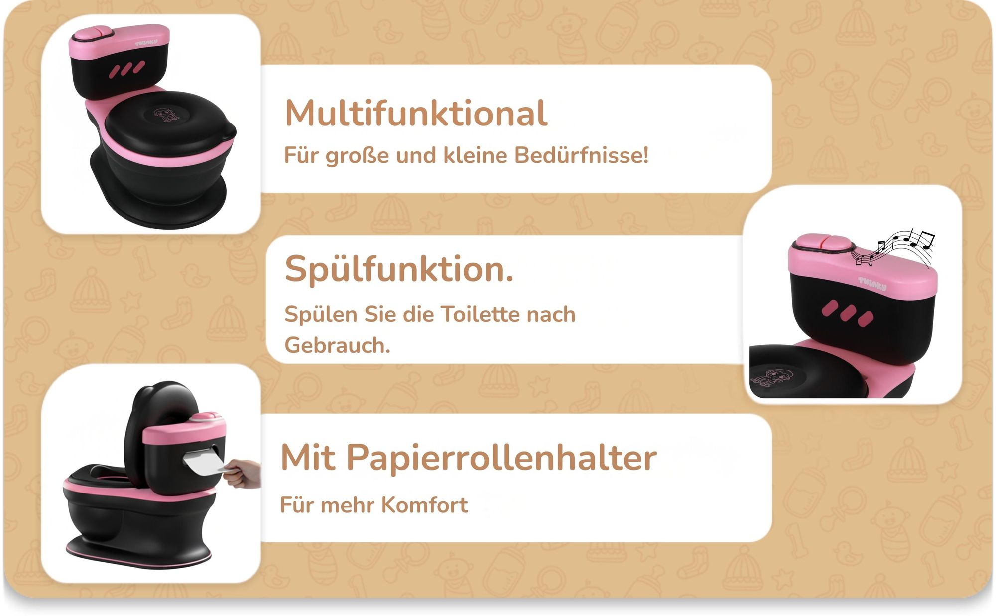 Twinky® Töpfchen für Kinder und Baby – 3-in-1 Toilettentrainer mit Musik- und Spültaste – Toilettensitz mit Deckel und WC-Rollenhalter