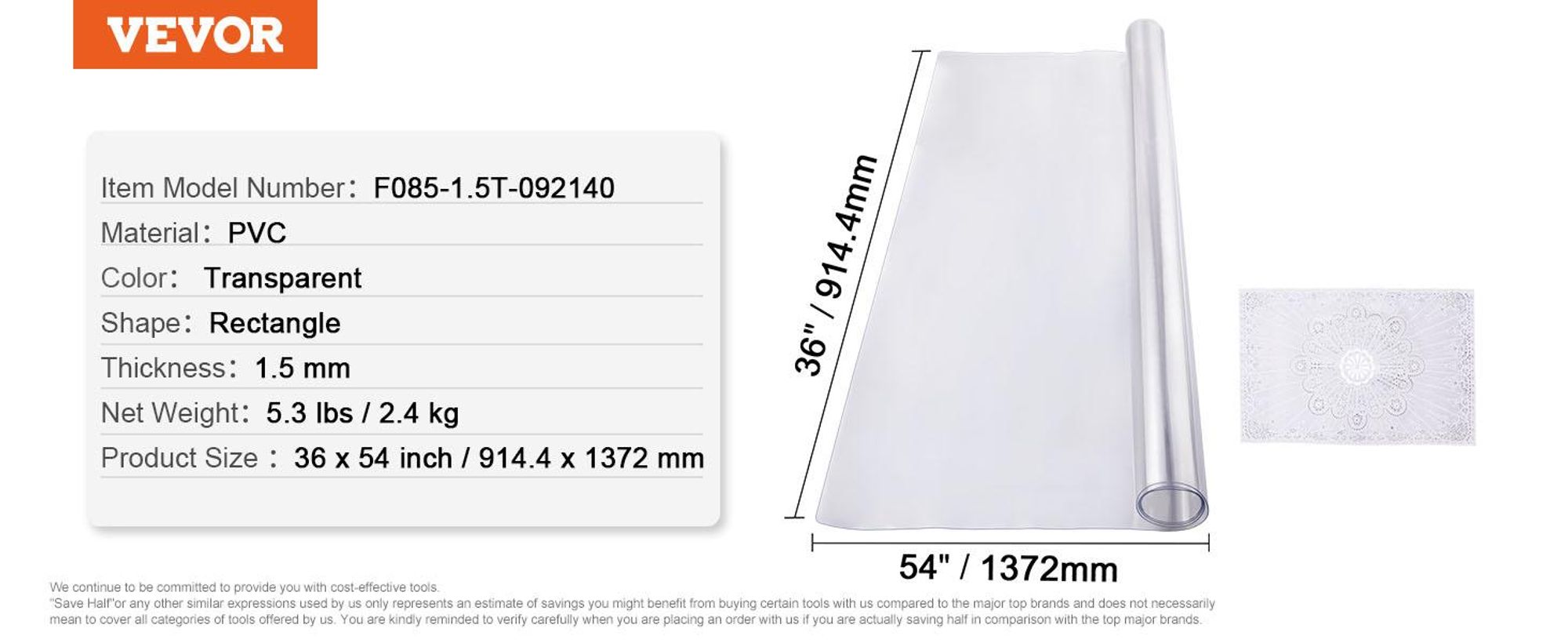 VEVOR Kunststofftischdecke, 42 x 96 Zoll 1,5 mm dicke klare Tischschutzmatte, rechteckige PVC-Schreibtischunterlage, wasserdicht & leicht zu reinigende Tischdecke, für Büromöbel Esstisch Nachttisch, 1,5 mm-c, 914x1372 mm