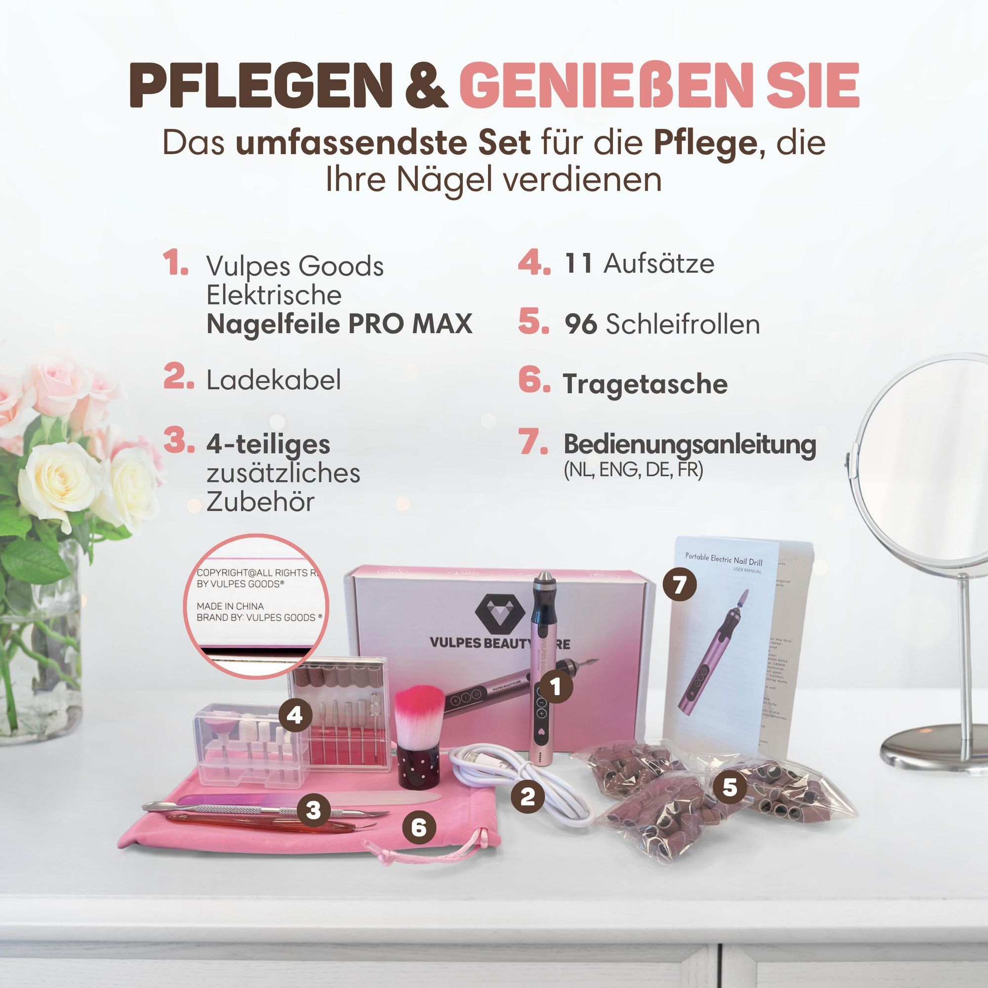 Vulpes Goods Elektrische Nagelfräser, Maniküre und Pediküre Set, Nagelfeile, Drahtlos & Aufladbar, Nagelpfeile, 11 Nagelfräser-Bits, 96 Schleifrollen