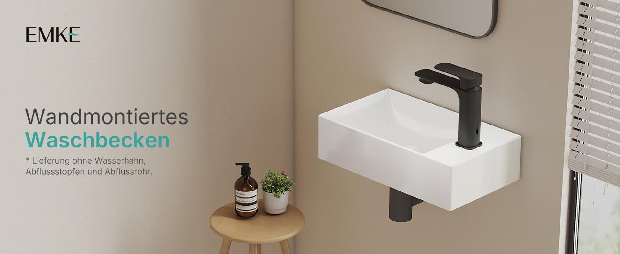 EMKE Waschbecken wandhänged Keramik Rechteckig 380x220mm Weiß Glänzend Platzsparendes Handwaschbecken für Gäste-WC & kleines Bad