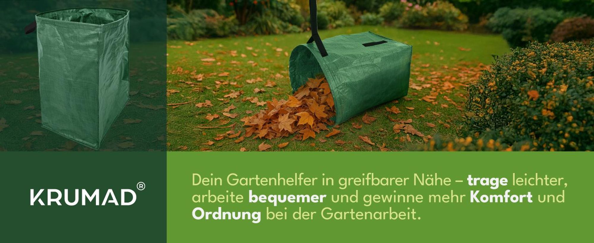 KRUMAD Gartensack 200L Laubsack mit 2 Griffen Gartenabfallsack aus Robustem Polypropylen 56x43x76 cm Faltbar Wetterfest Für Laub Gras Äste