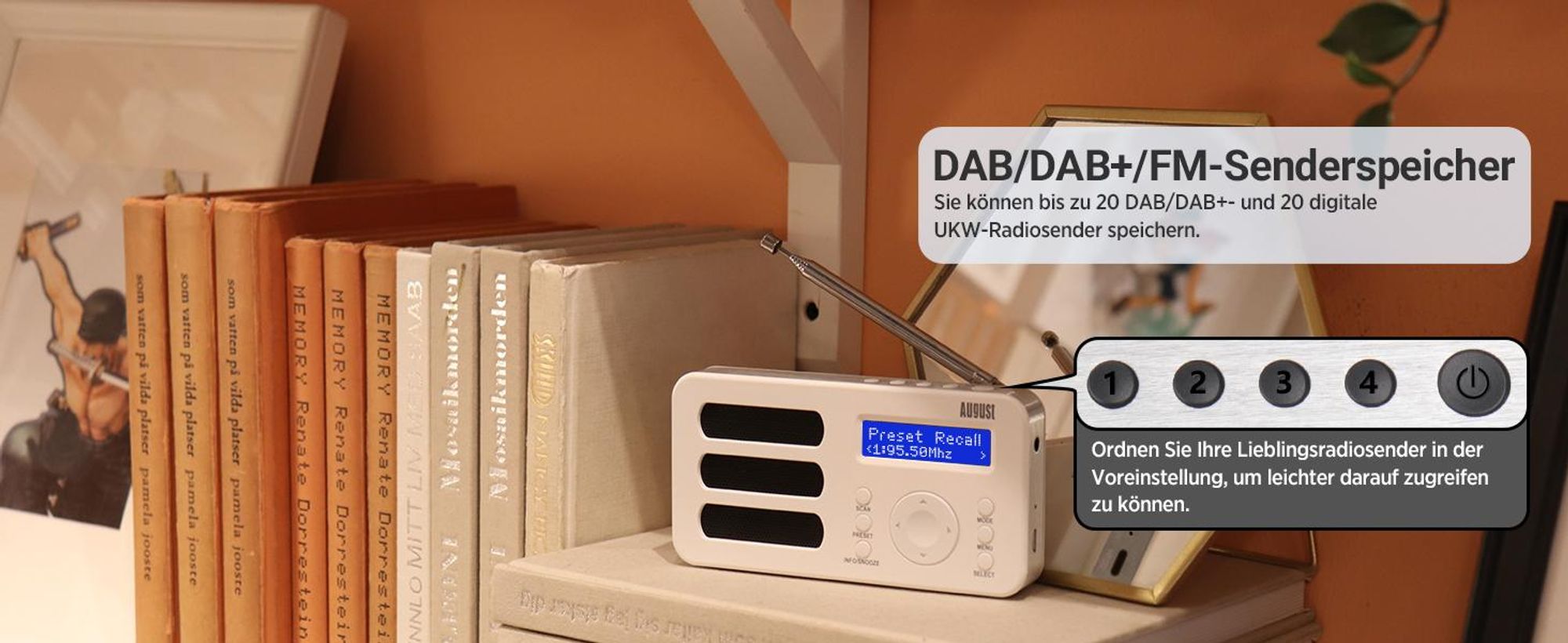 Tragbarer DAB+ FM Alarm Radiowecker Wiederaufladbar AUX 40 Presets - August MB225