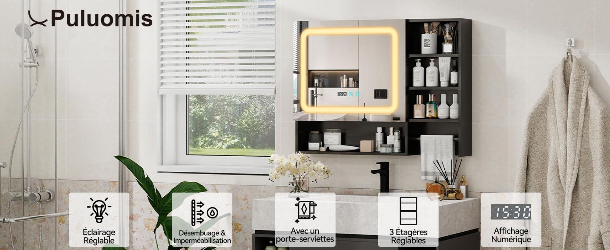 Puluomis armoire de toilette salle de bain 80cm avec 3 couleurs d'éclairage variable, horloge digitale porte-serviettes anti-buée armoire de salle de bain murale noire