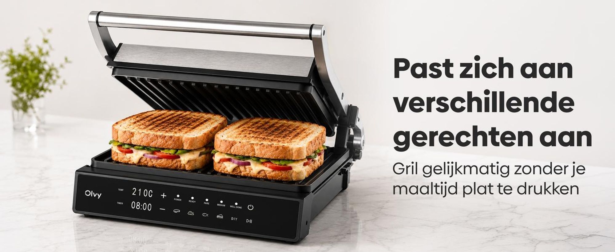 Olvy Contactgrill, 2000W, Elektrische grill, Sandwichmaker, 5 programma's, Paninigrill, Grilltoaster voor binnen, PFAS-vrije platen, Tafelgrill