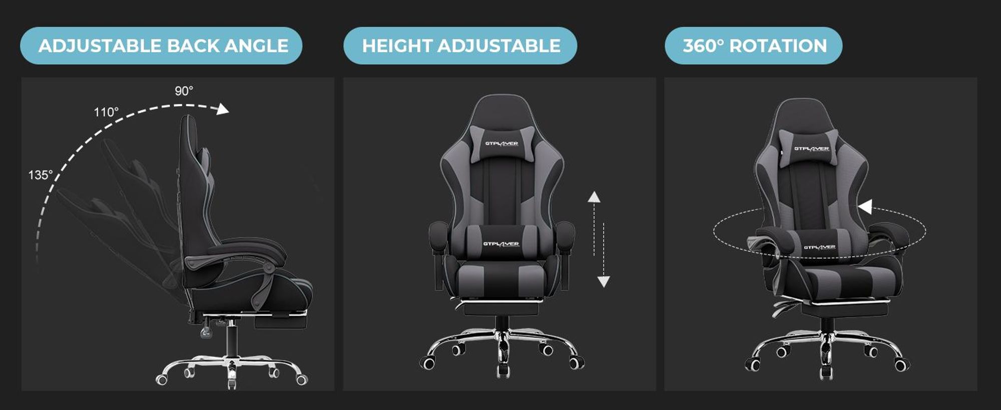 GTPLAYER Fotel biurowy Fotel do gier Fotel do gier z tkaniny Ergonomiczny fotel do gier z podnóżkiem, zagłówkiem i poduszką lędźwiową, wyściełany fote
