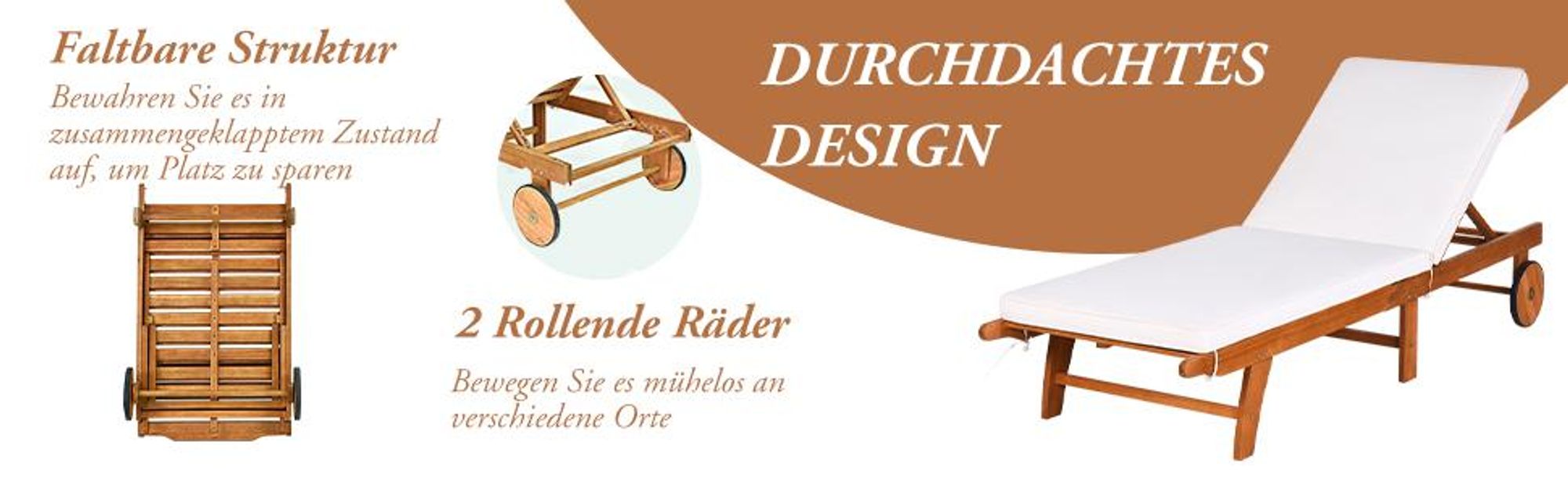 COSTWAY Sonnenliege mit Rollen & Auflage, Gartenliege mit Rückenlehne, Liegestuhl aus Holz, Balkonliege, Strandliege für Garten, Balkon & Terrasse