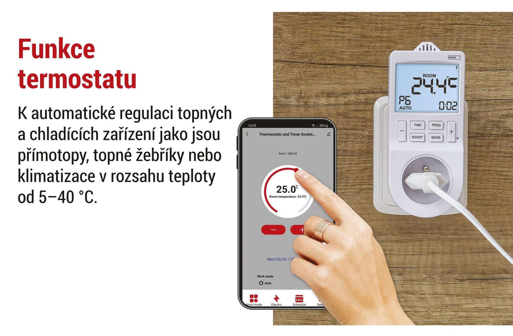 EMOS GoSmart 2v1 zásuvkový termostat a časovač s aplikací, chytrý domácí pokojový termostat + zásuvka s časovačem pro vytápění/chlazení, P56601FR