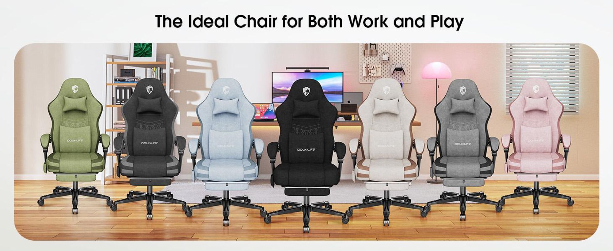 Douxlife GC-RC05 Gaming Stuhl Stoff Büro Computerstuhl mit Massage, Fußstütze & Lendenstütze, Ergonomisch, Metallbeine, 158kg Belastbar - Grün