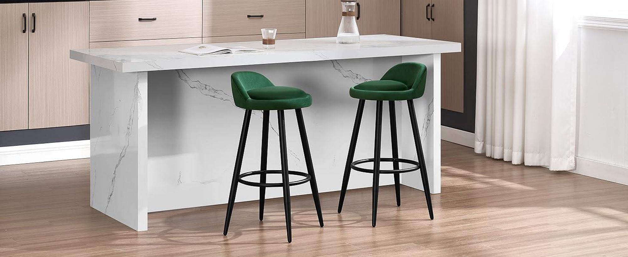WOLTU Barhocker 2er Set Barstuhl Hocker Tresenhocker Bistrohocker Designer Hocker mit Lehne und Fußstütze aus Samt Metall, Dunkelgrün