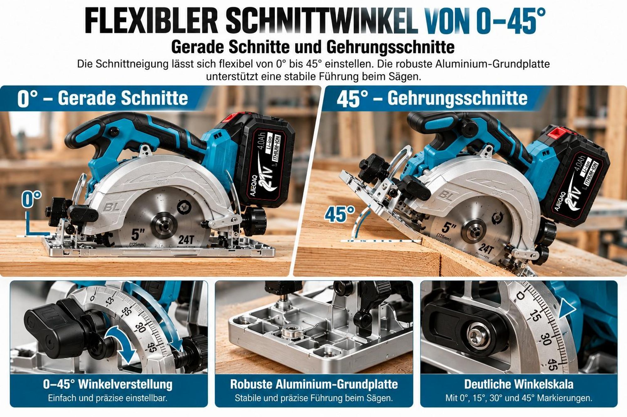 Akku-Handkreissäge 21V 2000W Brushless, 125mm Mini Kreissäge mit 2×4,0Ah Akkus, 10800 U/min, 45mm Schnitttiefe, 0–45° einstellbar, 3 Sägeblätter