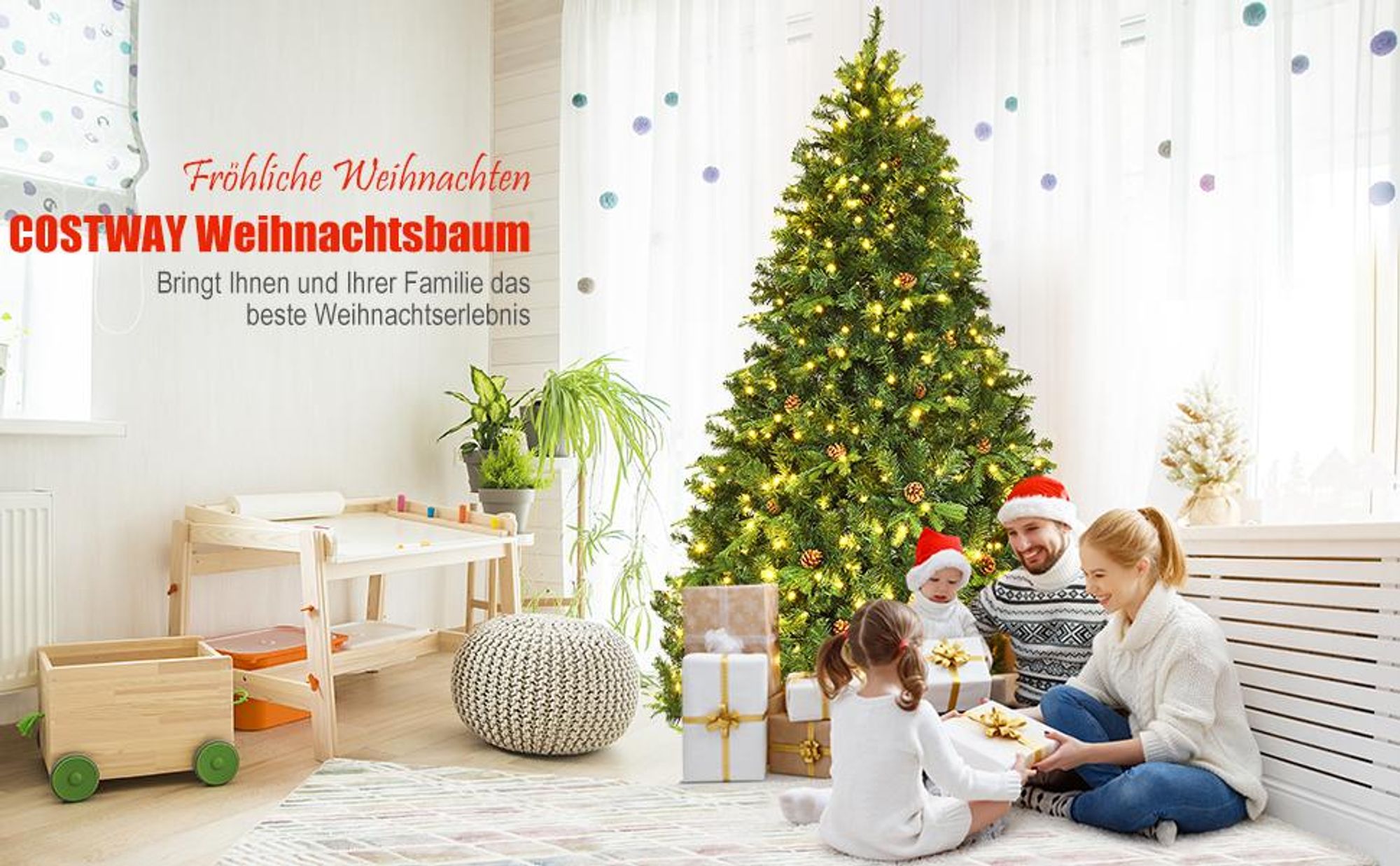 COSTWAY 240cm LED Künstlicher Weihnachtsbaum, Christbaum mit Klappsystem und Metallständer, Tannenbaum geschmückt, Kunstbaum Weihnachten ideal für Zuhause, Büro, Geschäfte und Hotels
