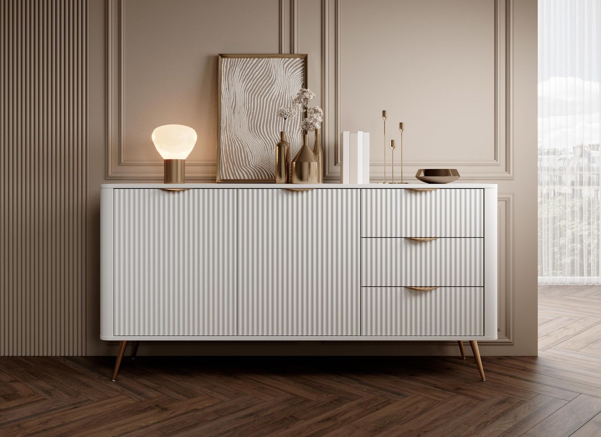 BETTSO Weiß LANTE Kommode 163 cm - 2 Türen, 3 Schubladen, geriffelte Fronten, goldene Griffe und Beine