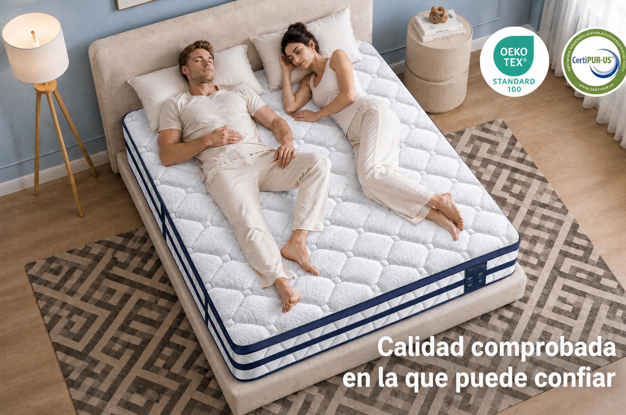 Colchón de 90x190 cm, con una altura de 26 cm, que incluye un acolchado superior integrado. Colchón de muelles ensacados con 7 zonas, firmeza H3/H4. Funda de alta calidad de 420 g/m²