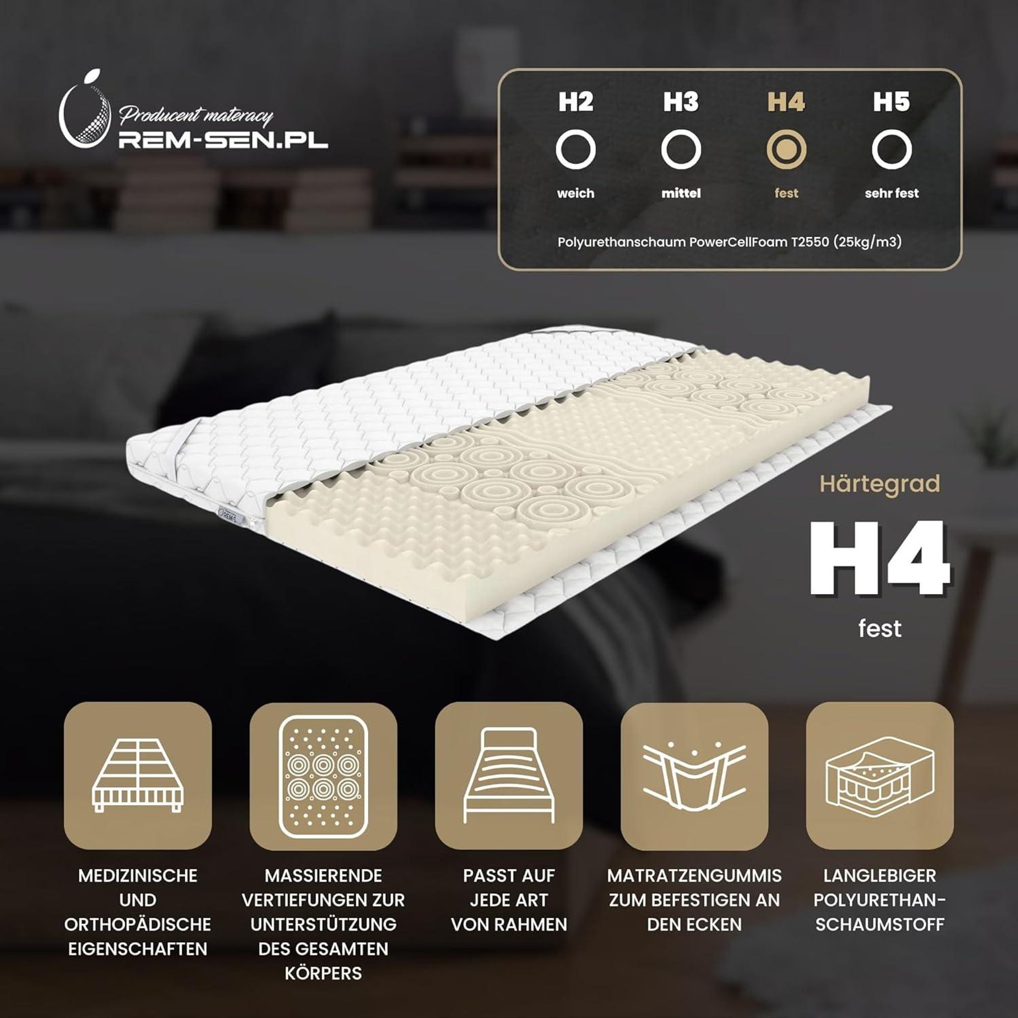 REM-Sen Matratzen Topper Matratzentopper 70x200cm Höhe 7 cm Härtegrad 4 (H4) Mattress Feste Topper aus Polyurethanschaum mit Massageprofil, Dreilagige Membranhülle Für Sofa, Bet,